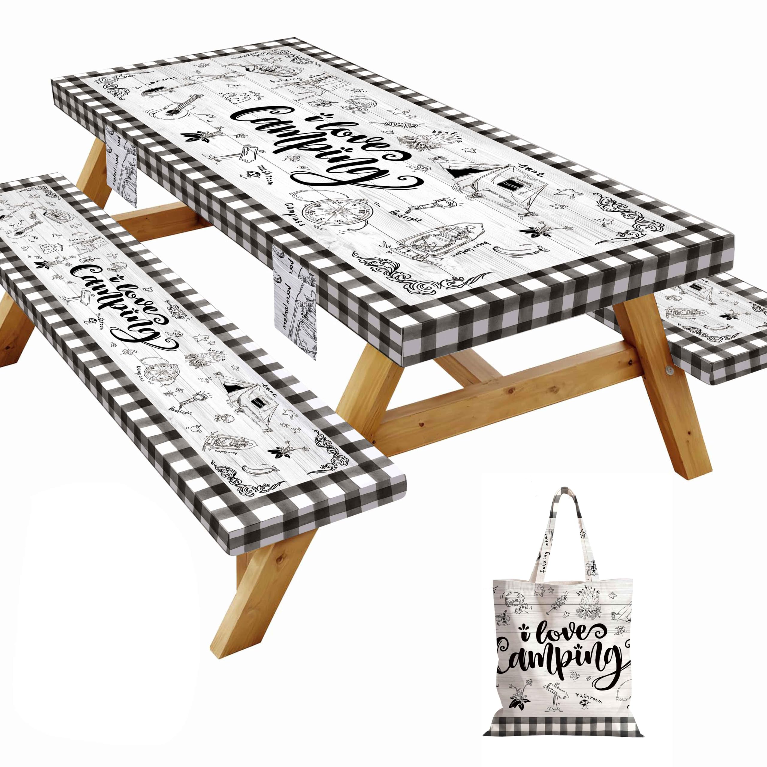 Picnic Table Cover with Bench Covers Elastic Fitted Table cloths for Rectangle Tables 6 Foot Washable Waterproof Tablecloth