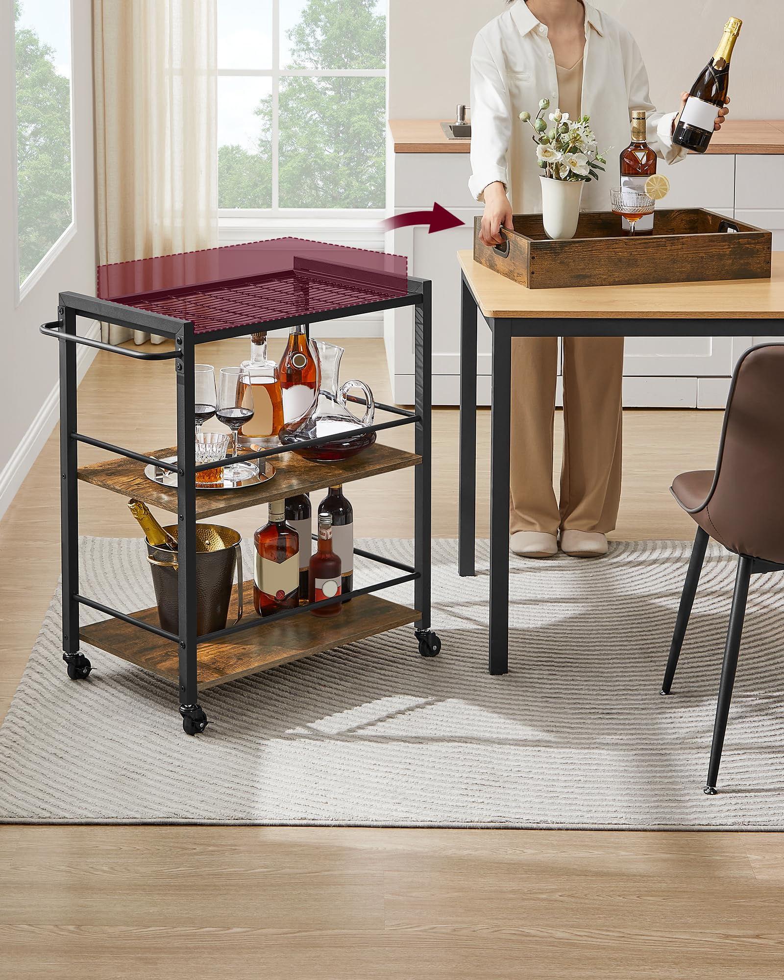 VASAGLE Carrello da Cucina con Vassoio Rimovibile, Carrello Portavivande Fisso o con Ruote, Struttura in Acciaio, Scaffale Cucina 40 x 72 x 86 cm, Marrone Vintage e Nero Inchiostro LRC72X