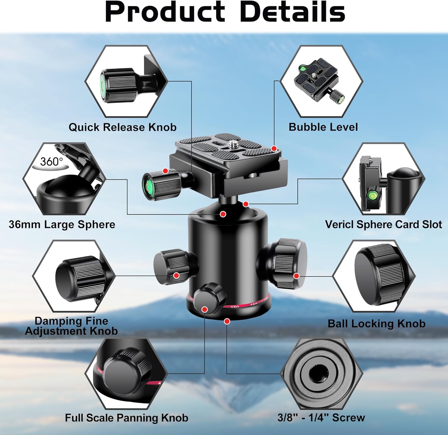 Ball Head Manbily Tripod Head Metal Aluminum Body 360° Panoramic Monopod Head with Extra Arca Swiss Quick Release Plate, Load up to 17.6lbs/8kg,Camera Head for DSLR, Camcorder, Slider (Red) - Image 2