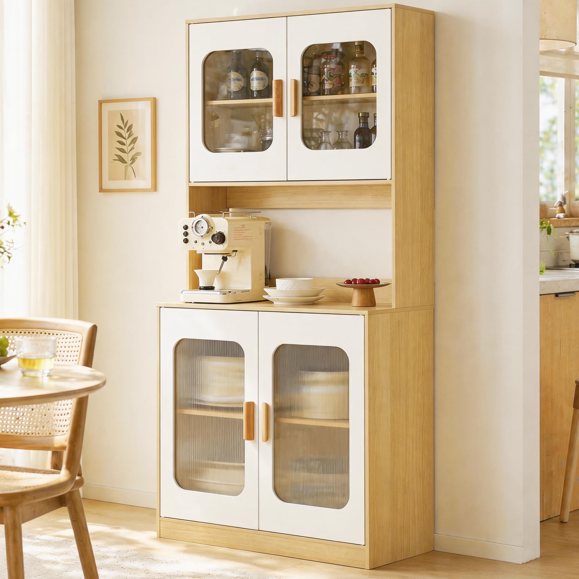 SHARPDO Buffet Cuisine Haut 180 cm, Meuble de Rangement Cuisine Blanc et Bois, Armoire de Cuisine avec Porte Transparente, Plateau pour Micro-Ondes, Placard Fermé