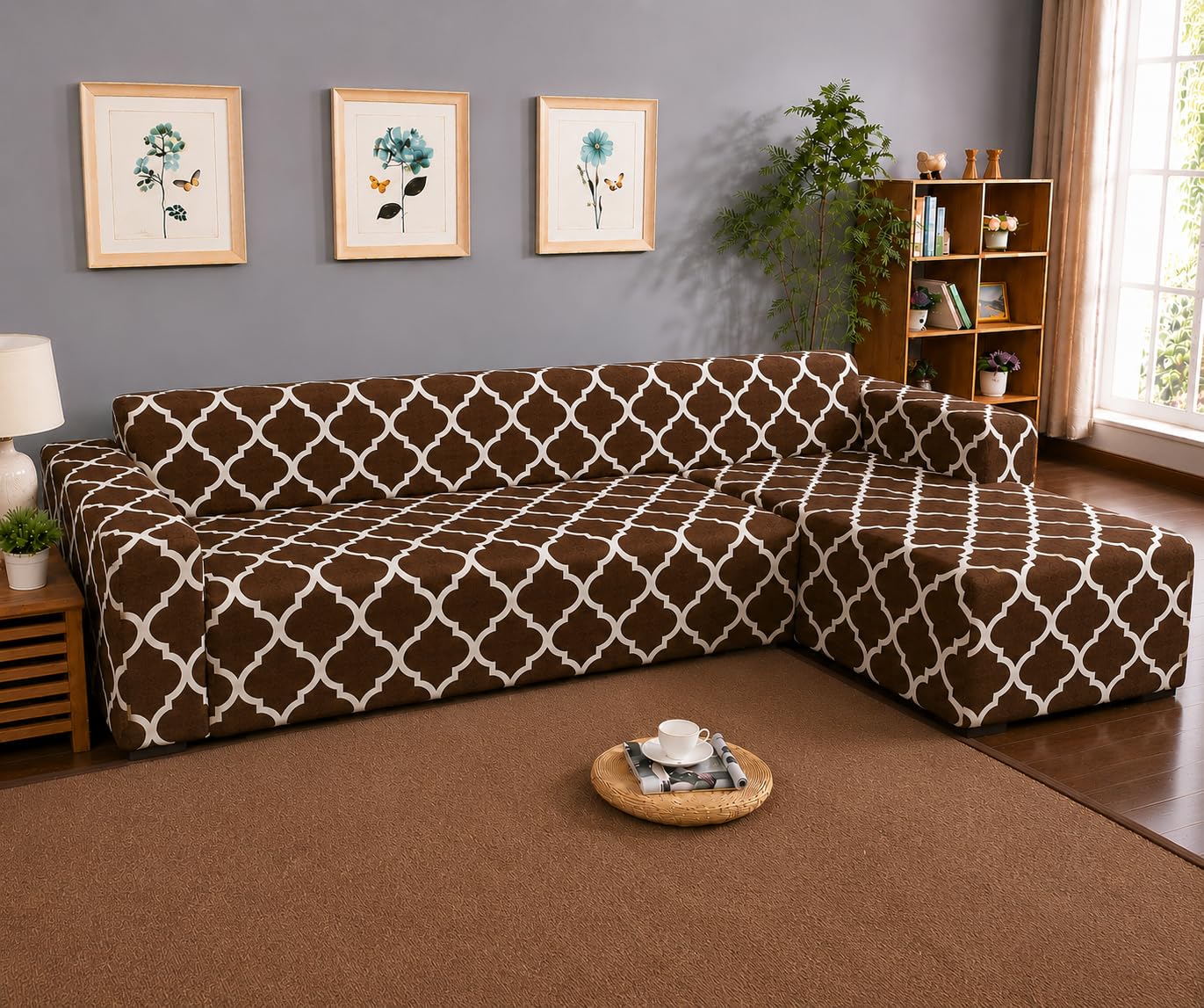 Gifts Island 160GSM Brown Diamond Sofa Cover L Shape 5 Seater Fully Covered | Stretchable 3+2 Seater Sectional Sofa Cover | Suitable for Both Left and Right Side Chaise Sofa Cover-image-0