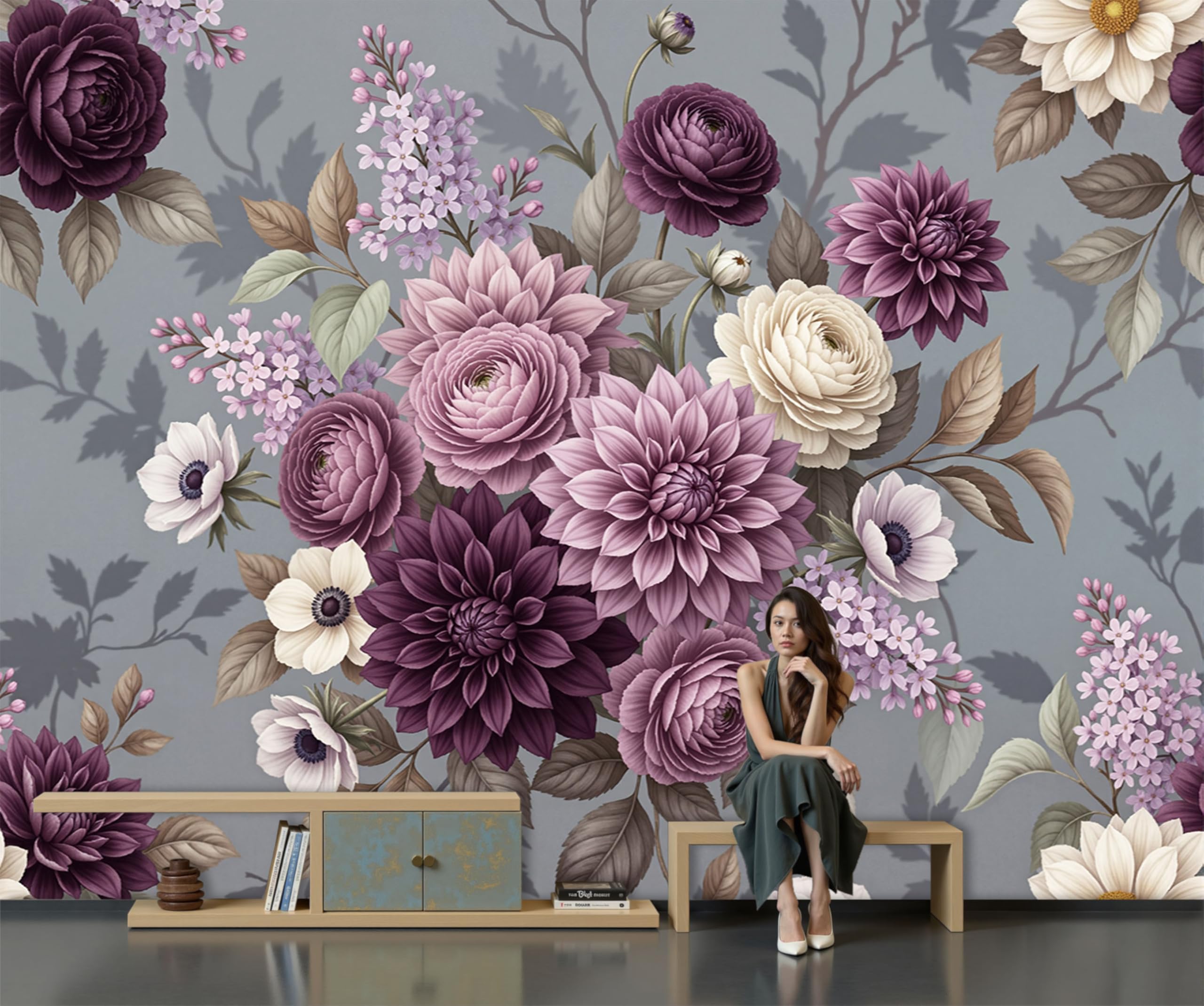 Papier peint floral vintage violet foncé décor artistique de salon
