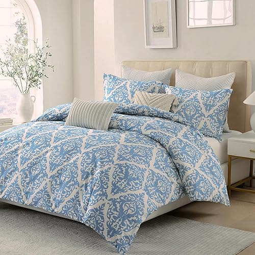 Miniatura 2 de PERHOM Funda de edredón azul Queen  Funda de edredón de damasco de cachemira tamaño Queen, juego de funda de edredón de 3 piezas, 100% algodón,