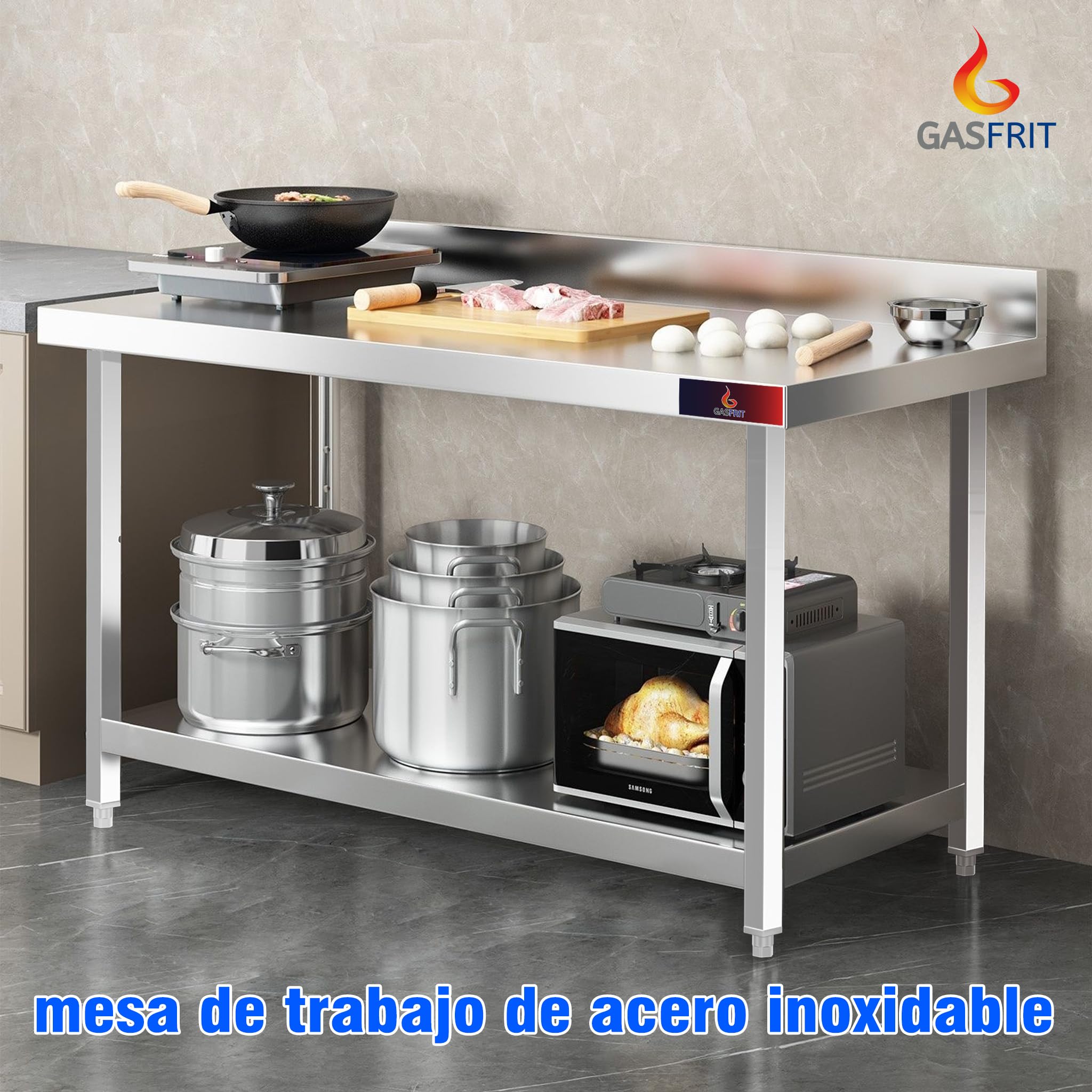 Mesa de Trabajo de Acero Inoxidable con Peto para Preparación de Alimentos – Mesa Industrial Profesional con Estante Inferior y Patas Regulables – Cocina y Hosteleía (1200 x 600 x 850)