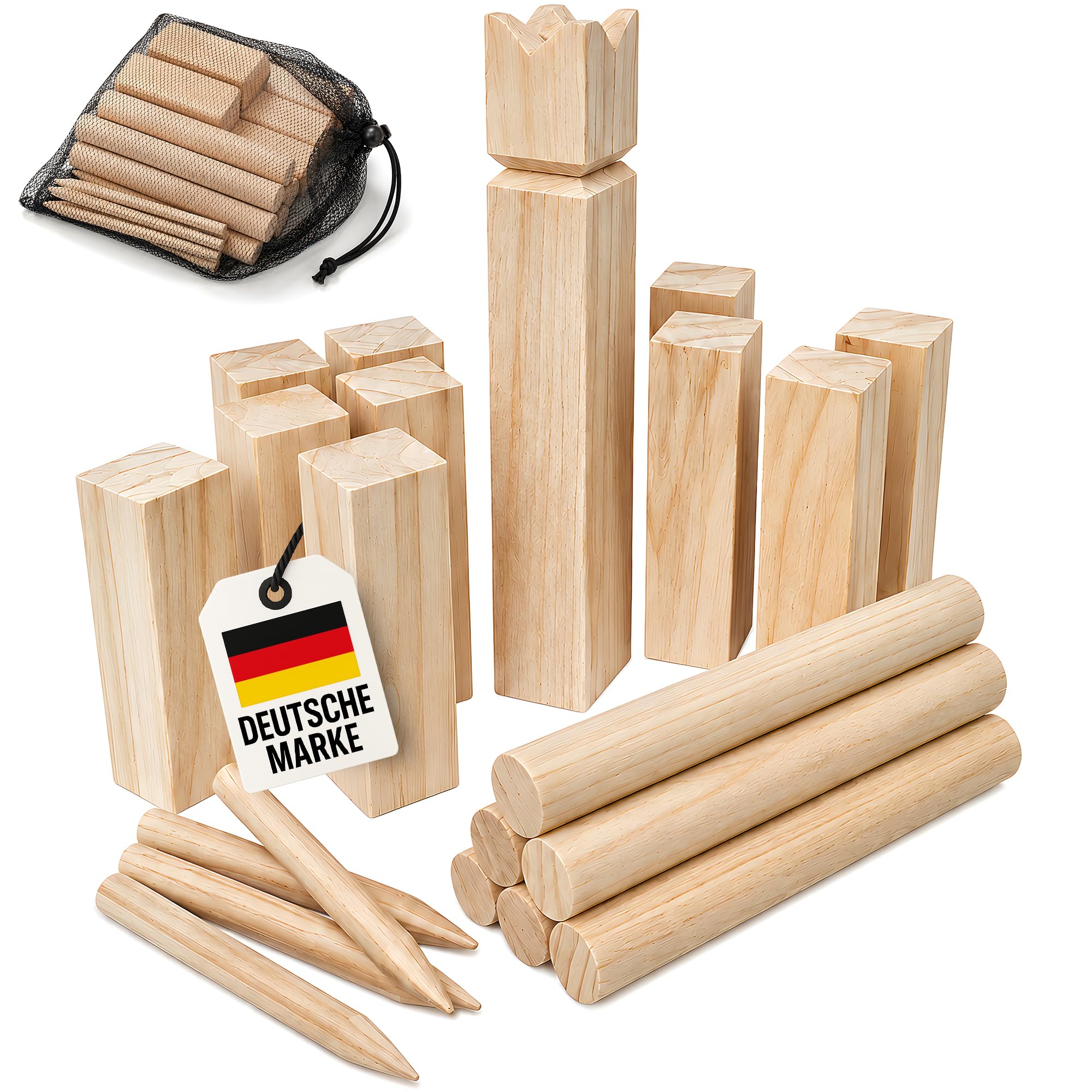WELLGRO Kubb Spiel aus Holz für 2-12 Spieler – Schwedenschach mit Naturholz König, Netzbeutel & Anleitung, Wikinger Schach Outdoor