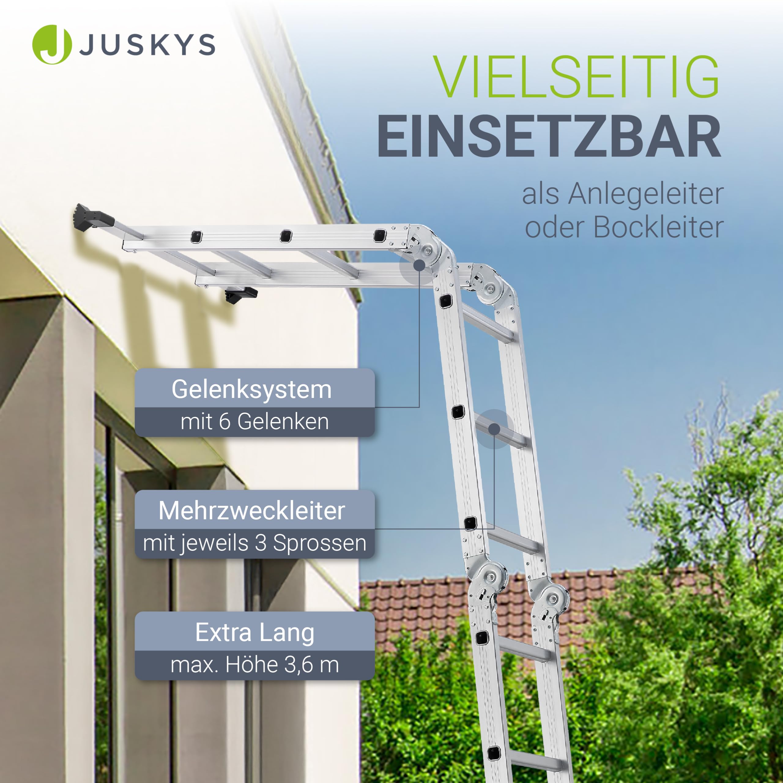 Juskys Leiter Aluminium 3x4 Stufen Klappleiter 4-teilig bis 150 kg Multifunktionsleiter 3,6 m