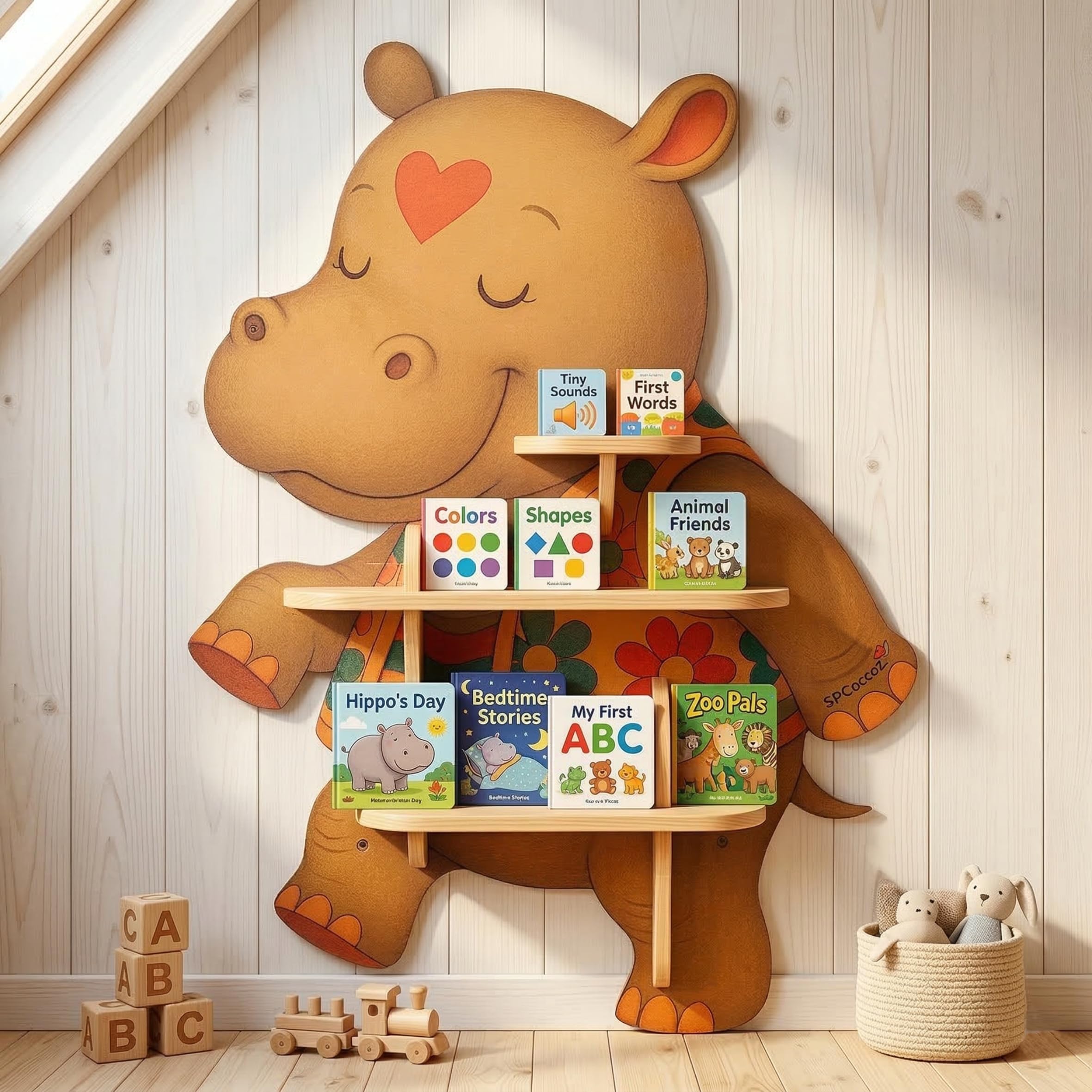 31" Hippo Decorative Animal Wall Art &amp; Floating Shelf - Lightweight Safety Design - Wooden Wall Bookshelf for Kids Rooms, Floating Nursery Book Shelves Wall