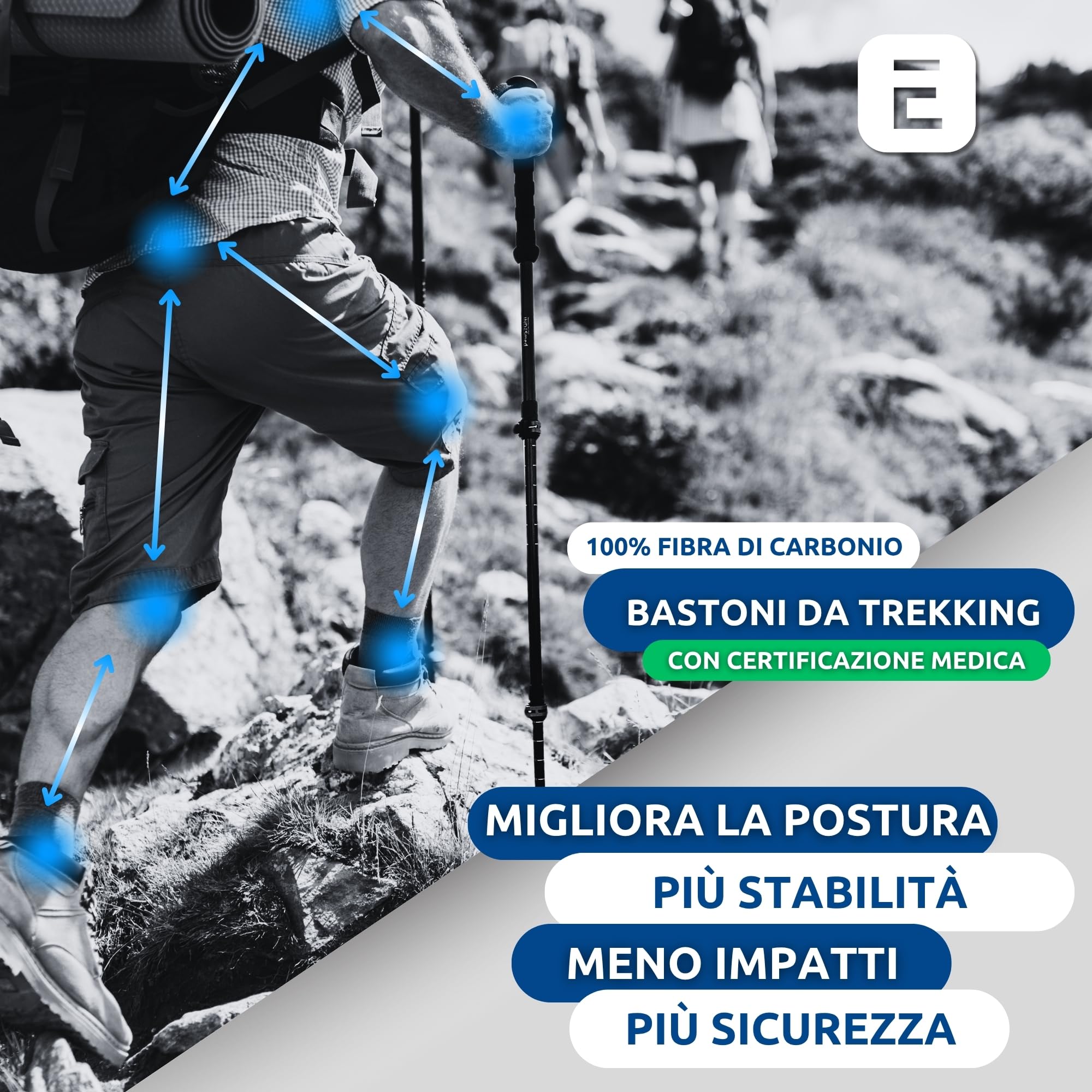 INDESmed | Bastoni da trekking in fibra di carbonio 100% - Bastoncini telescopico, leggerissimi e regolabili con chiusura metallica rapida - Bastoni Nordic Walking, Trail Running, Sci