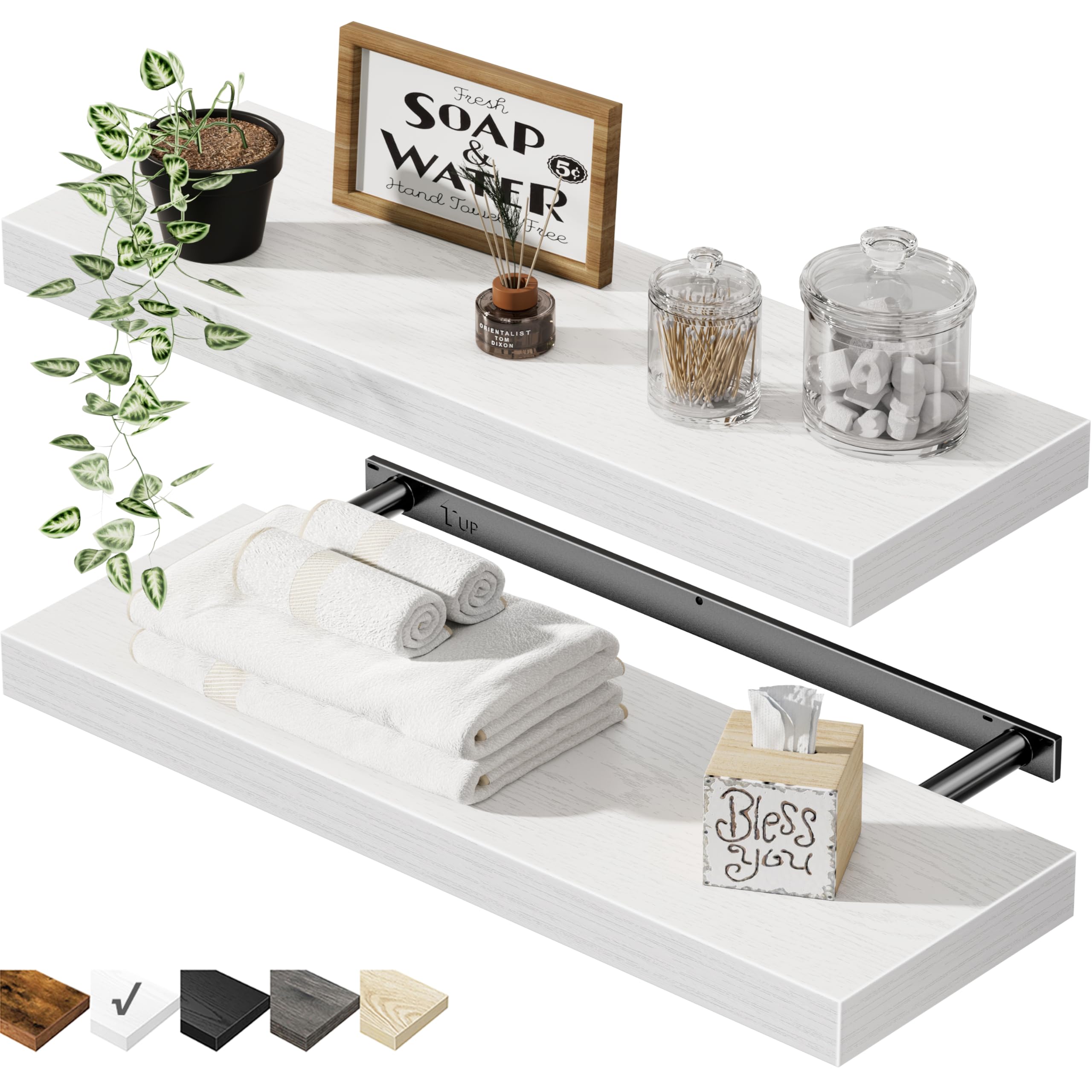 QEEIG Bathroom Floating Shelves for Wall - 15.7" Wall Mounted Shelf Over Toilet Farmhouse Home Decor Display Bookshelf Small 15.7 x 6.7 inch Set of 2, White (008-40W)