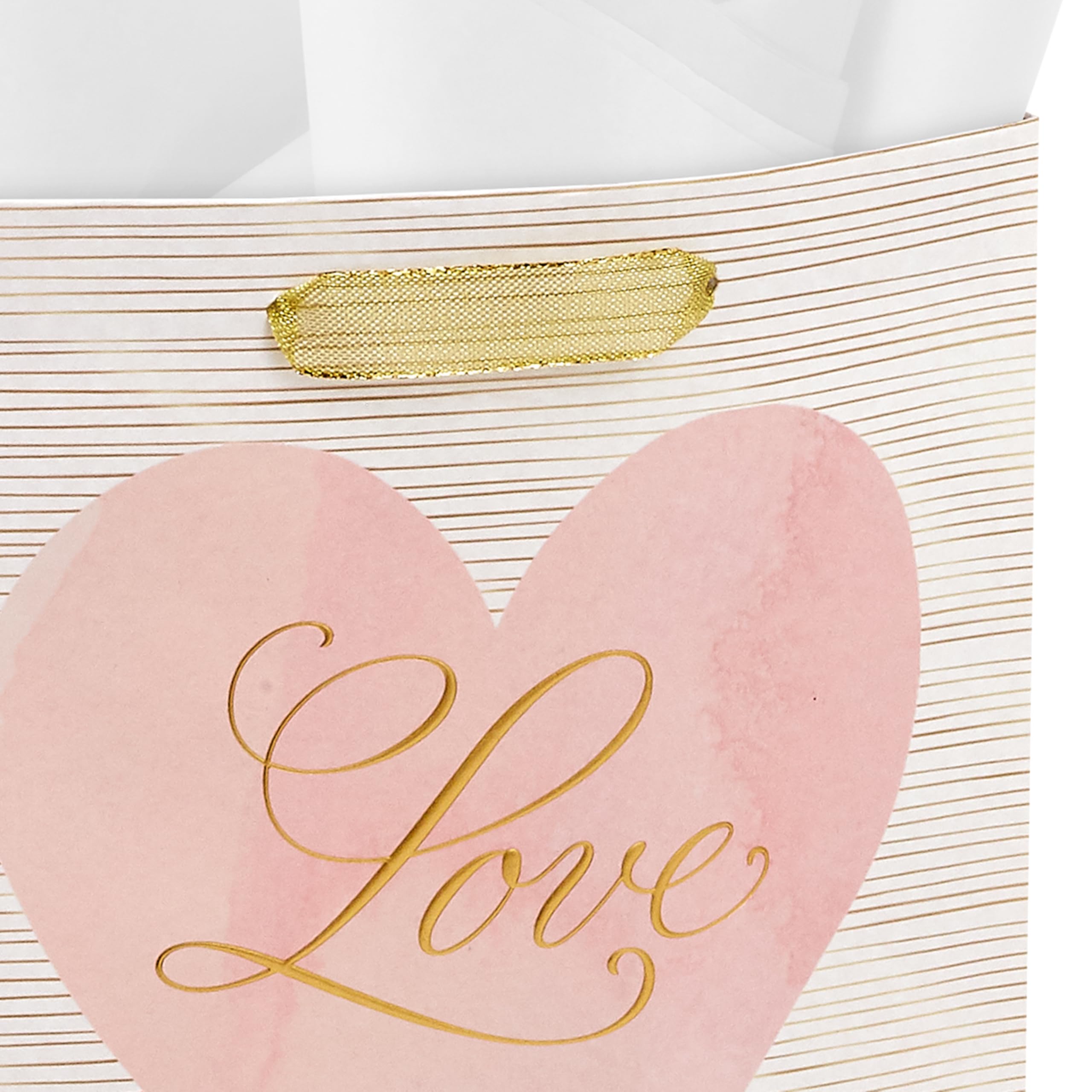 Hallmark 9" Medium Gift Bag with Tissue Paper (Love Pink and Gold Heart) for Valentine's Day, Weddings, Engagements, Bridal Showers