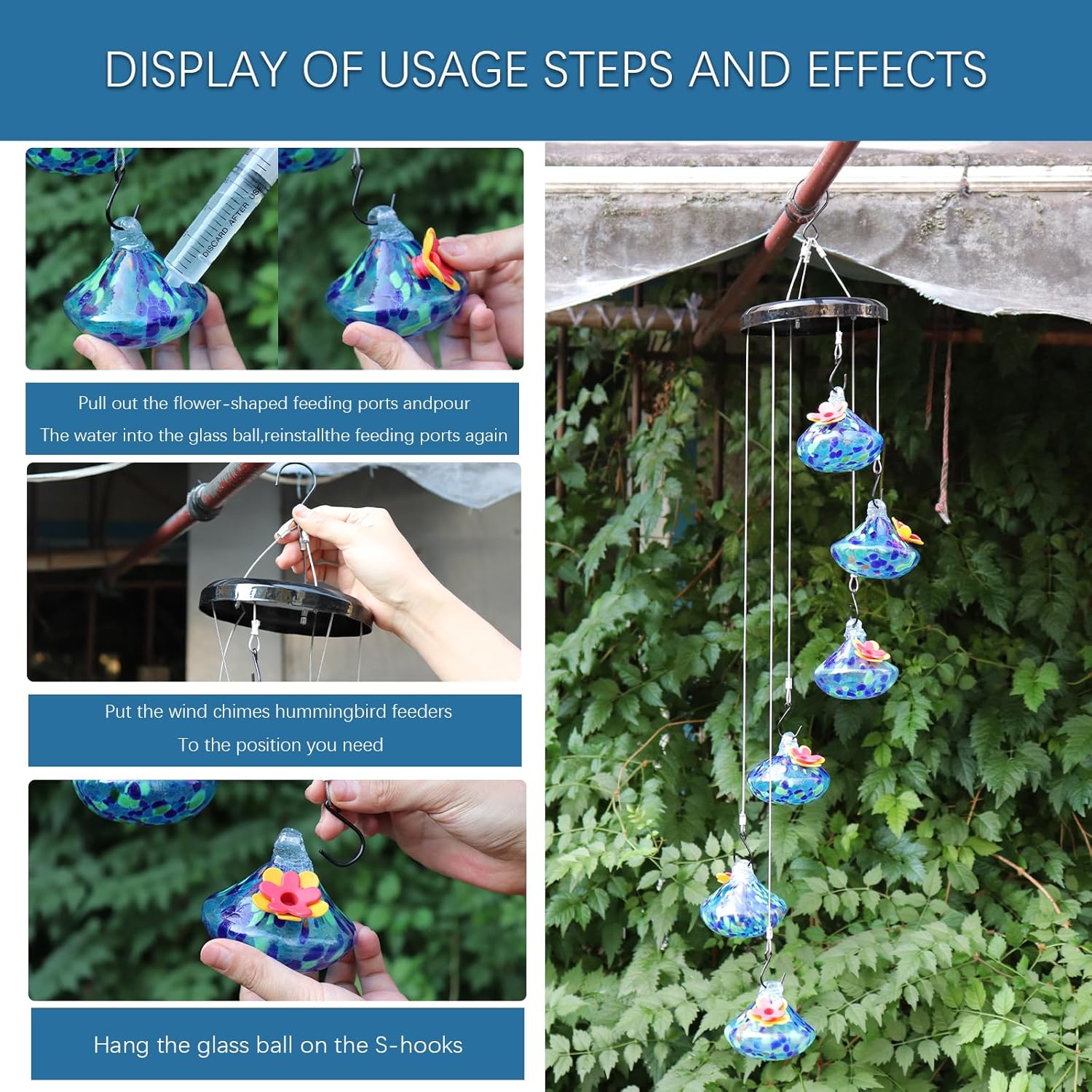 2024 New Charming Windchimes Hummingbird Feeders, Unique Hand Blown Glass Hummingbird Feeders for Outdoors Hanging, Multiple Hummingbird Feeder, Garden Decor for Outside Patio