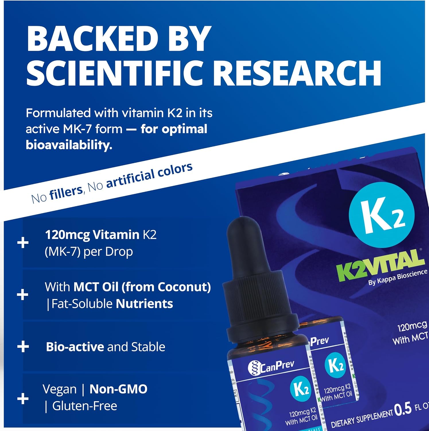 CanPrev K2 Drops, 15ml, 300 Servings, 30mcg MK-7 Vitamin K2 Liquid, Supports Strong Bones & Cardiovascular Wellness, Vegan, Unflavored Formula with MCT Oil for Optimal Calcium Utilization & Absorption