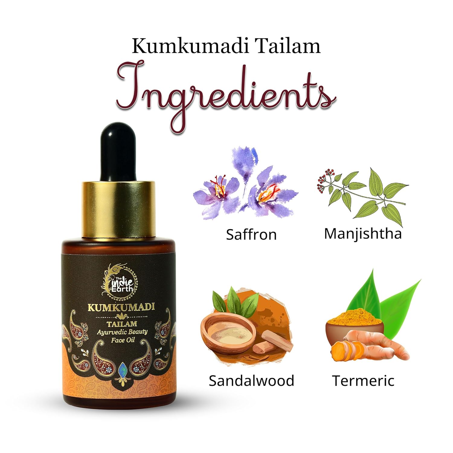 The Indie Earth Kumkumadi Tailam 30 ml | Ayurvedic Beauty Face Oil | Night Serum for Brighter, Glowing & Younger-Looking Skin with Turmeric, Saffron & Indian Lotus - Image 3