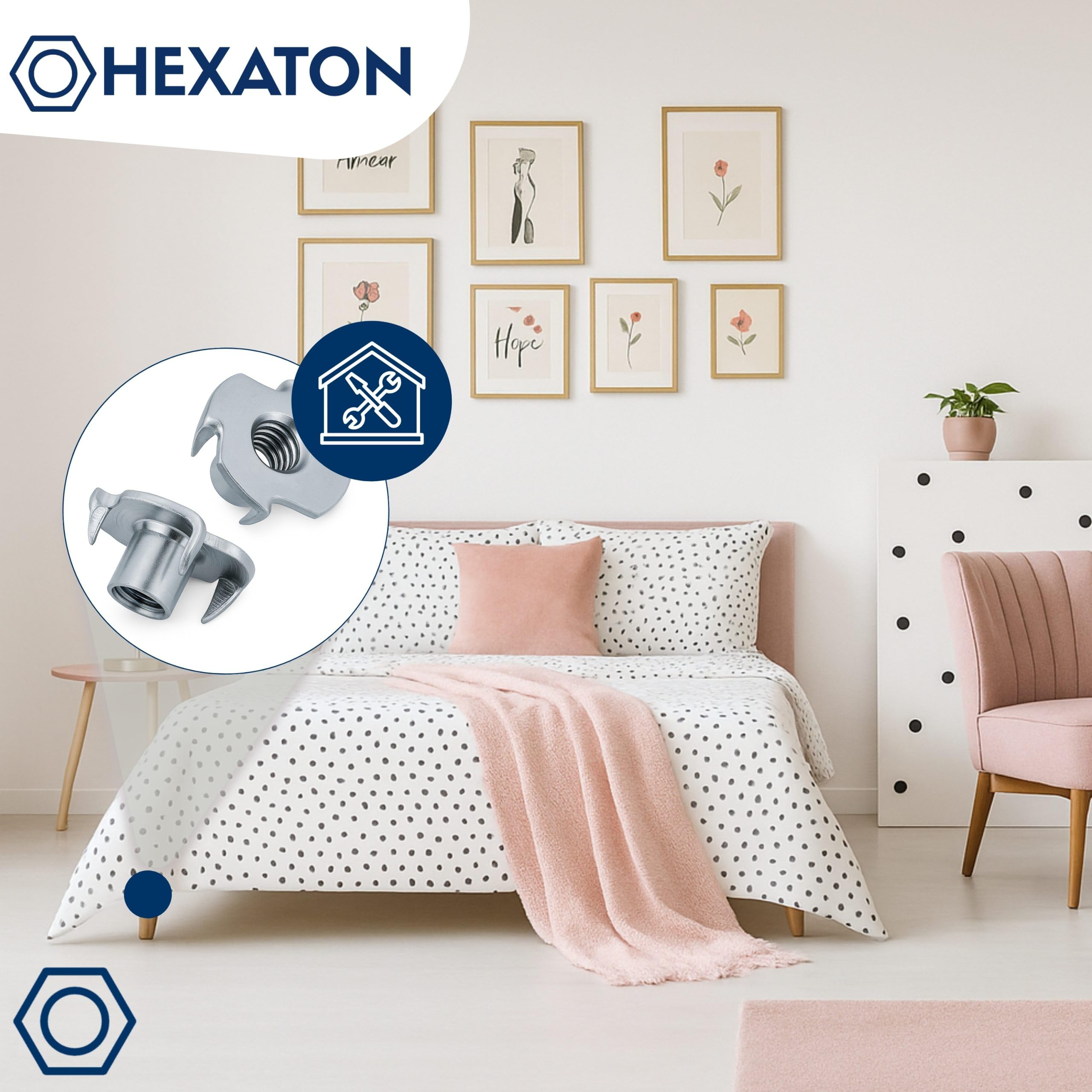 HEXATON Écrous à Griffes - M8 x 17 mm - Lot de 50 - Acier zingué - Écrous en T 4 Griffes Inserts pour Bois Assemblage de Meubles