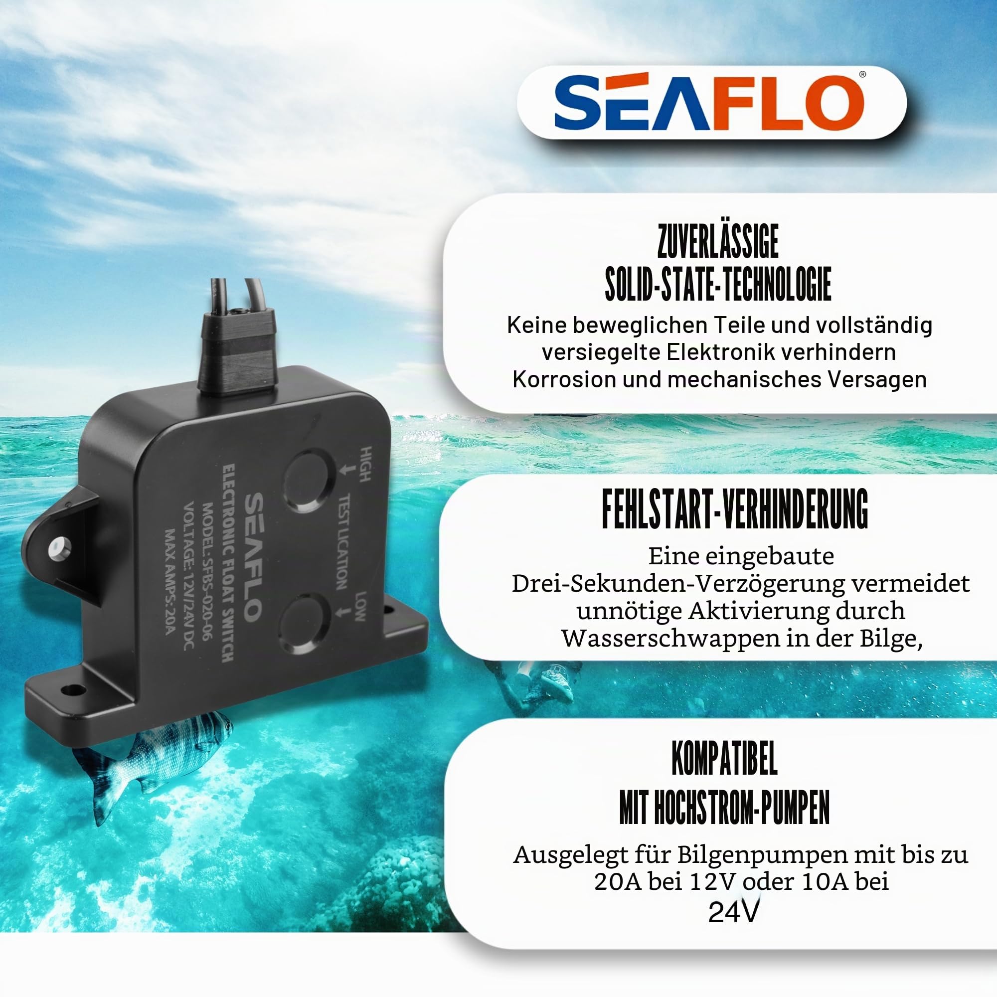 SEAFLO 20 A Solid-State-Elektrofeld-Lenzpumpenschalter 12/24 V – Intelligenter Wasserstandssensor, für Marine-Bilgepumpen, keine beweglichen Teile