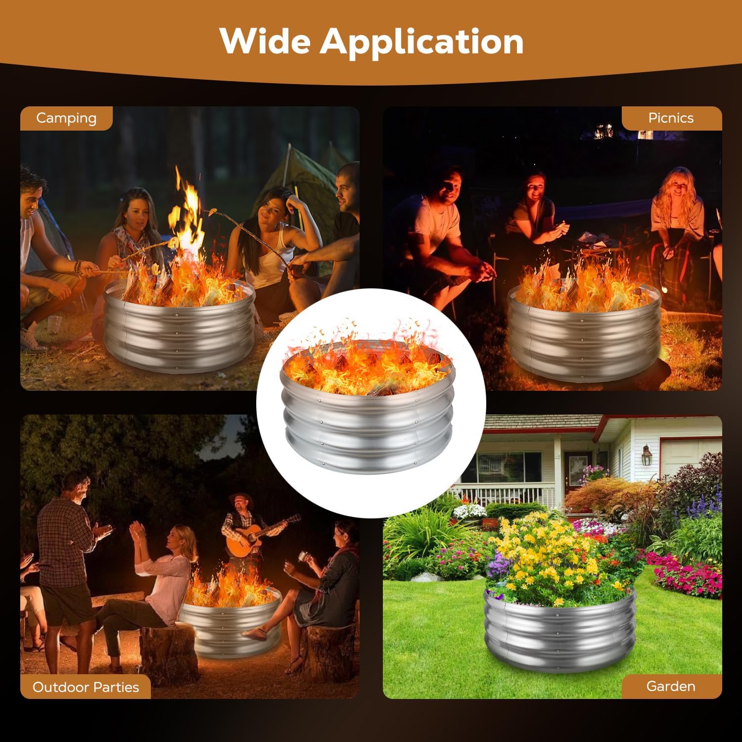 24 Inch Round Galvanized Fire Pit Ring, Silver Round Galvanized Fire Ring, 2 Feet Diameter Fire Pit, Outdoor Pits for Backyard, Camping, Bonfire