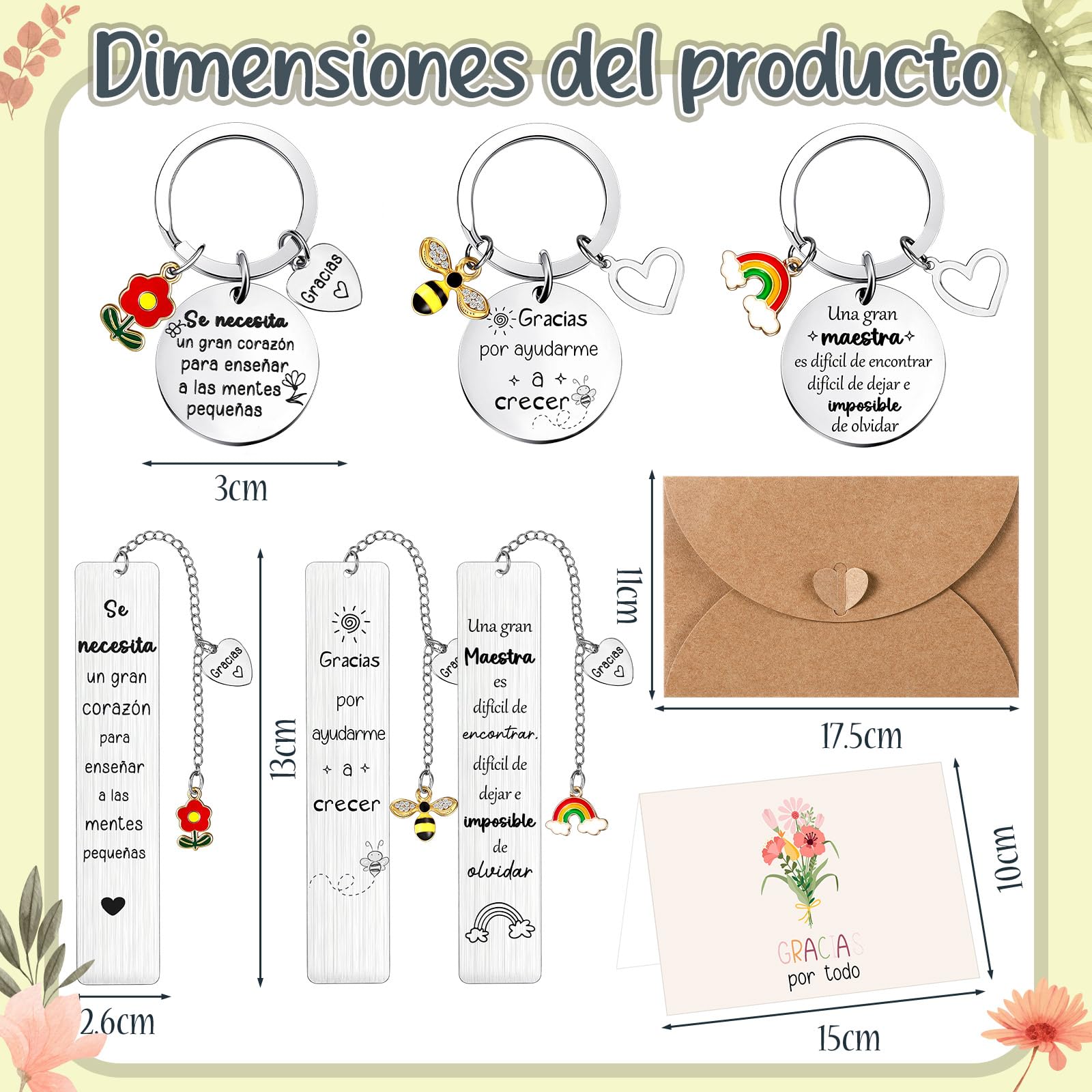 Jadive Marcapáginas Profesora Acero Inoxidable 3 Sets Regalo Maestra Primaria Llaveros Tarjetas Sobres Kraft