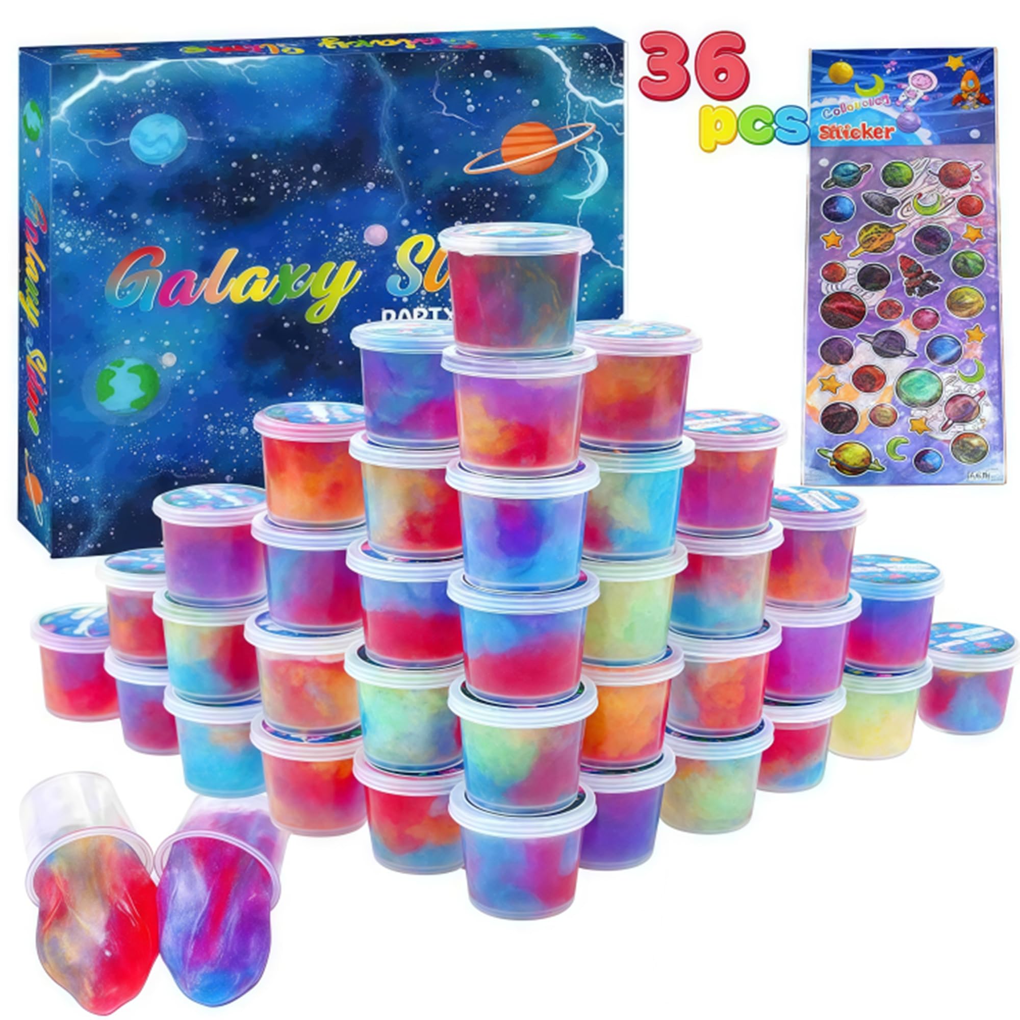 Anfylife Pack of 36 Galaxy Slime Cups Party Gifts, Sensory Toys for Stress Relief, Non-Sticky and Non-Toxic, Birthday, Halloween, Rewards for Teaching