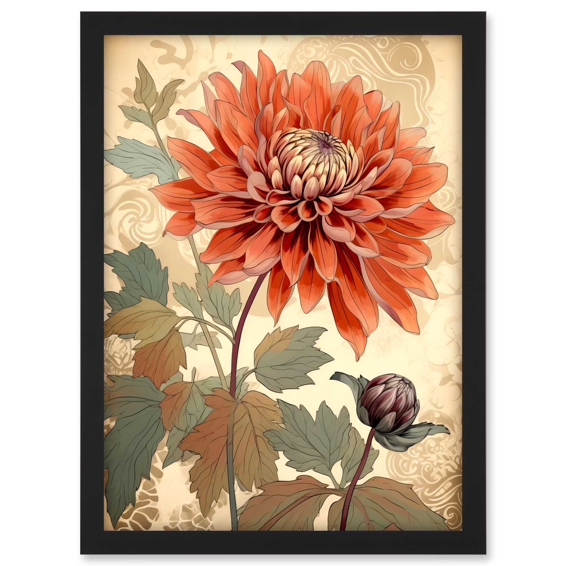 Artery8 Pastel Colour Orange Dahlia Flower with Patterns Artwork Framed A3 Wall Art Print