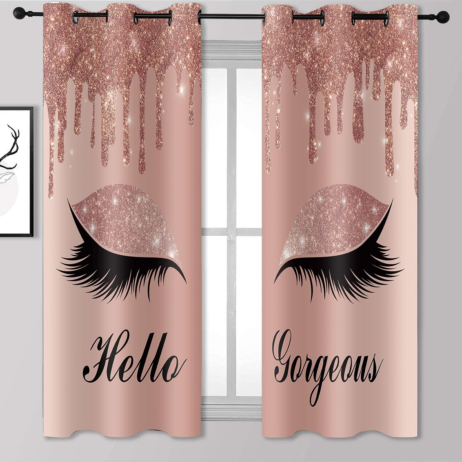BSPPTI Hello Gorgeous Unicorn Eyelash Curtain, Rose Gold Drips Room Darkening Thermal Insulated Blackout Window Drapes for Living Bedroom Decor, 42"x 63", 2 Panels, CLLSSP783