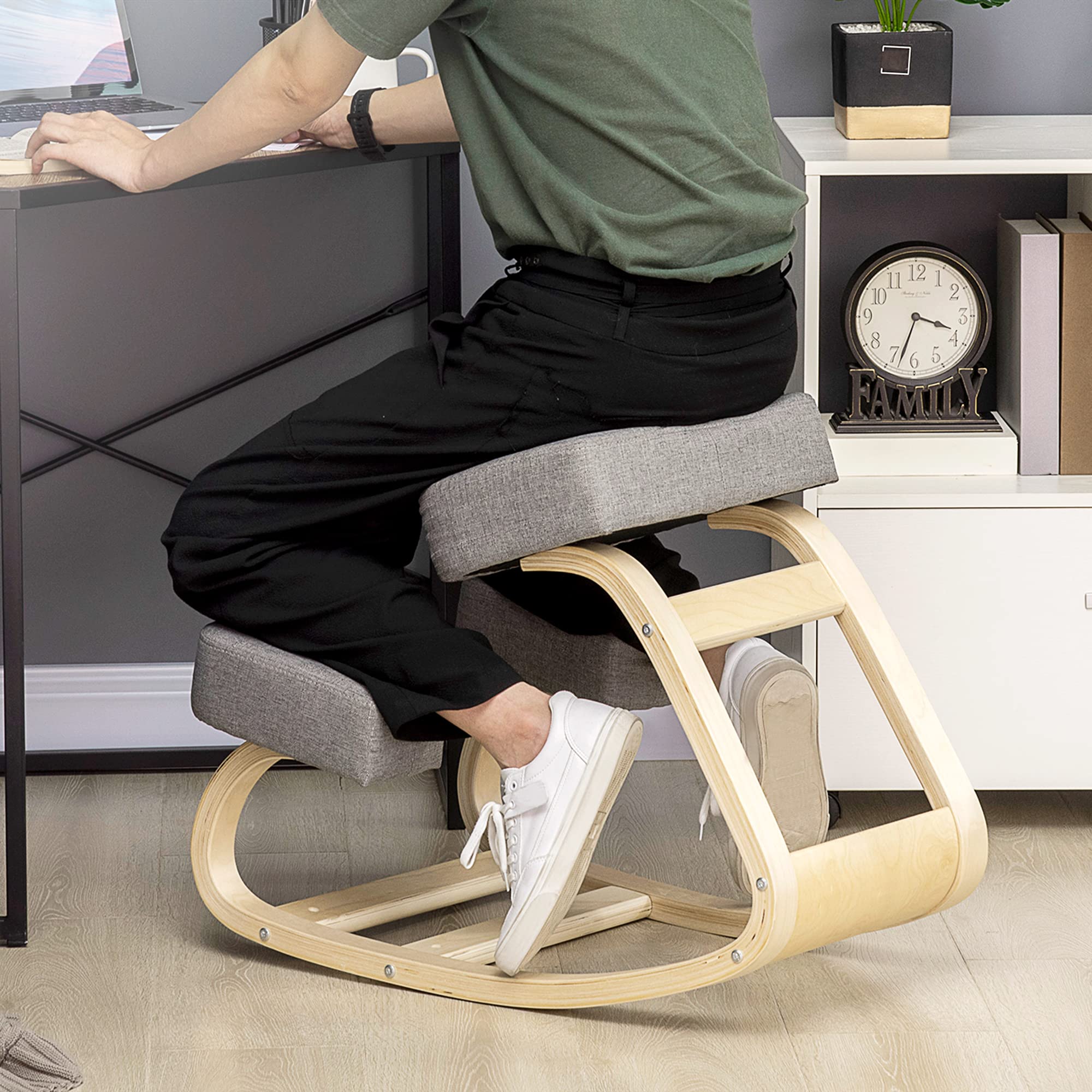 Vinsetto Siège Assis-Genoux Ergonomique Chaise à Genoux Coussin Confortable à Bascule en Tissu et Bois Gris