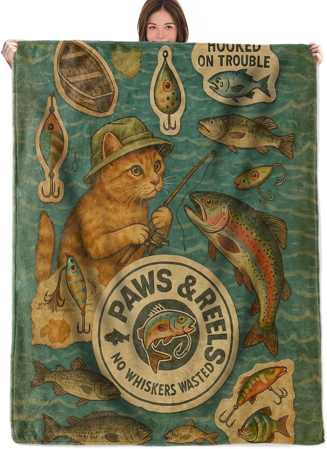 Retro Cat Throw Blanket, Gifts for Men Kids Boys Girls, Vintage Funny Flannel Warm Blankets for Travel Couch Bedroom Living Room, Fishing Kitten and Fish Pattern Decor 50"X60"