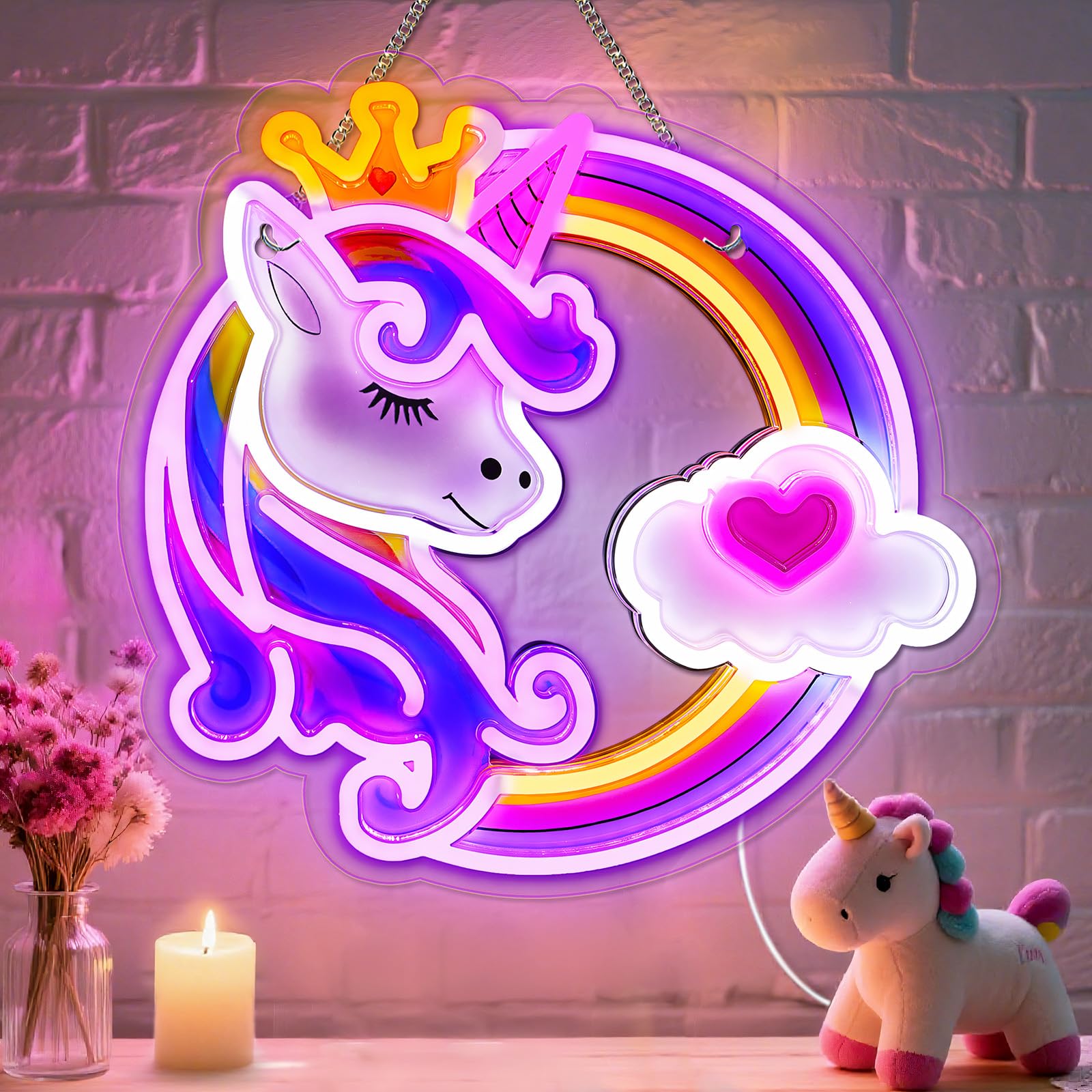 Letrero de neón de unicornio para decoración de pared, luces de neón de unicornio arcoíris coloridas regulables para habitación de niñas, letreros LED de unicornio alimentados por USB para dormitorio