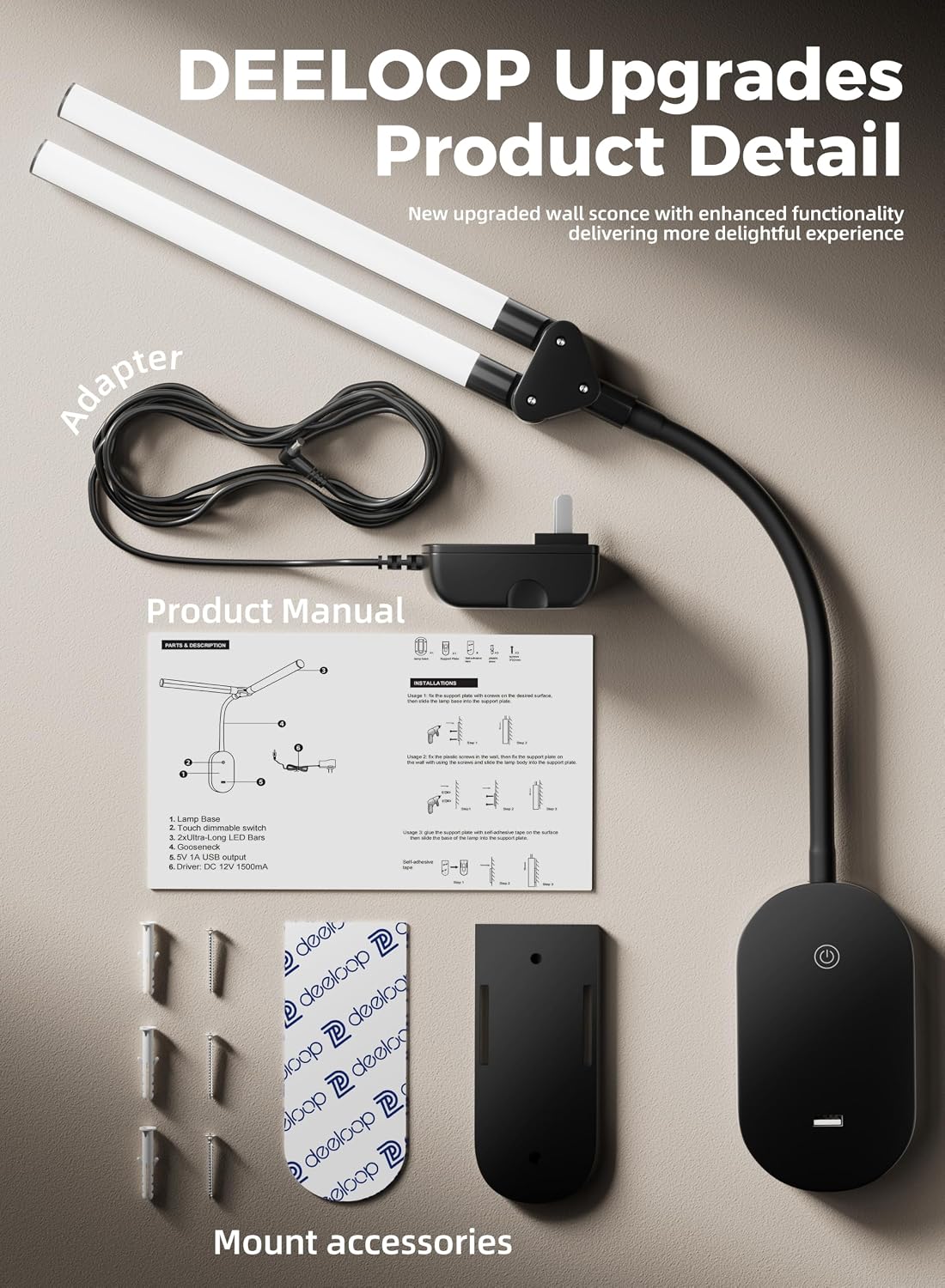 deeloop Wall Reading Light, Dual LED Bars, USB Port, Touch Dimming