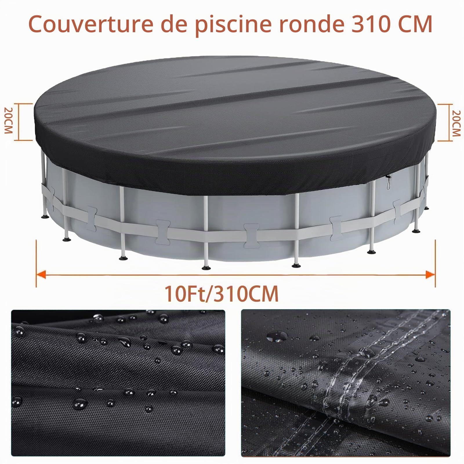 Bache Piscine Ronde 305, 420D Oxford Tissu Bache Hivernage Piscine Hors Sol, BâChe de Piscine Ronde ImperméAble Et IndéChirable