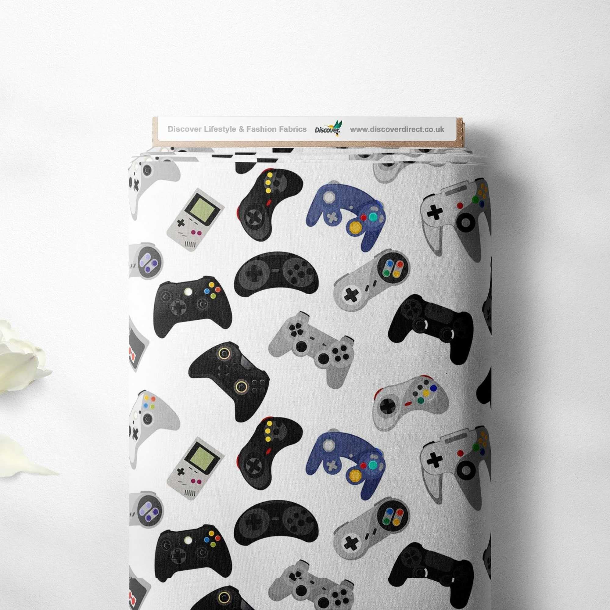 100% Cotton Gaming Controller Console Novelty Printed Design Quilting Kids Craft Dress Quality Sewing Premium Fabric Material | 55" - 140 cm Wide (per Half Metre, White)
