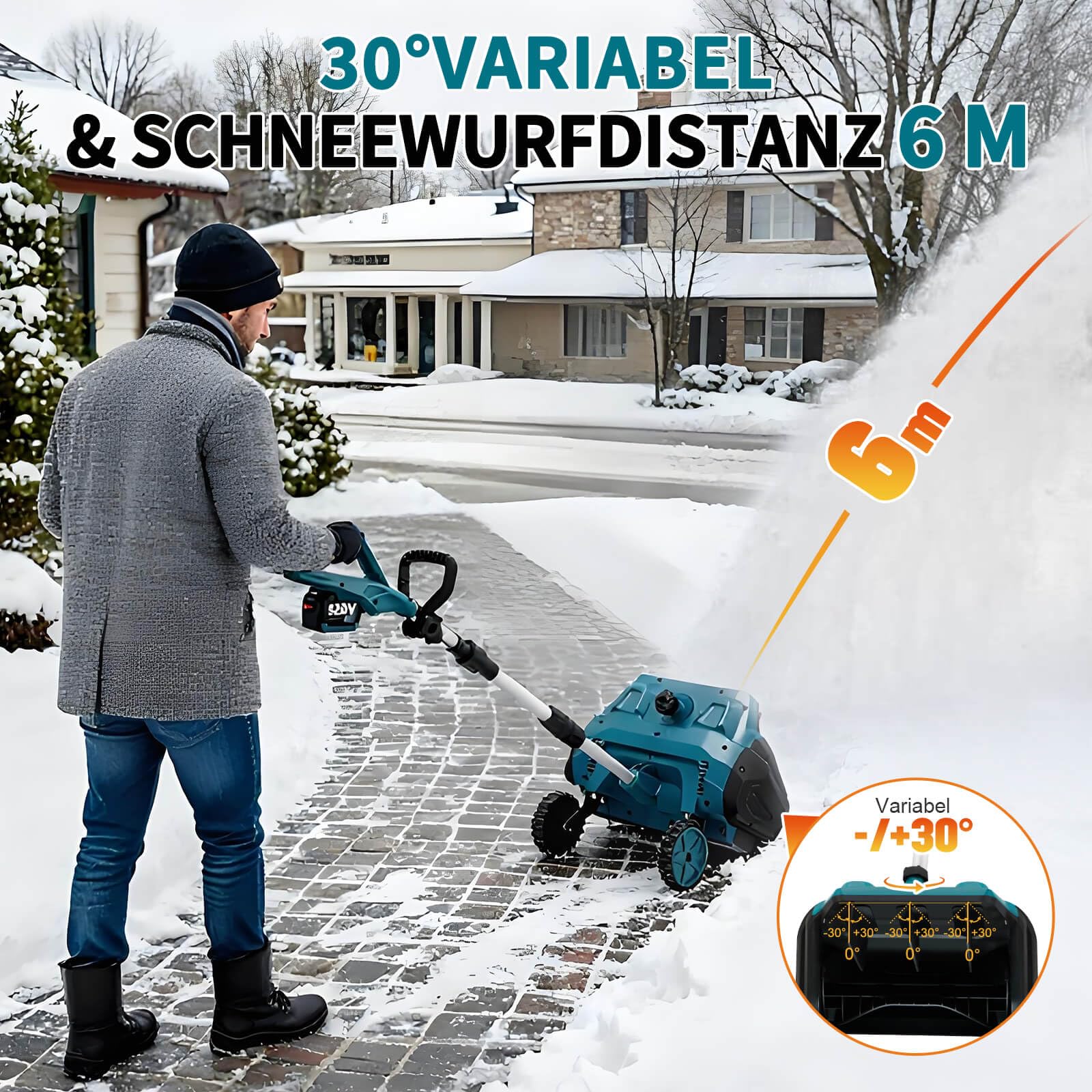Akku Schneefräse für Makita Akku 18V,1000W Elektrische Schneefräse mit Rollen, Arbeitsbreite 32 cm, max.Schneehöhe 18 cm,Wurfweite 6m,30° Einstellbar (Blau Ohne Batterie)