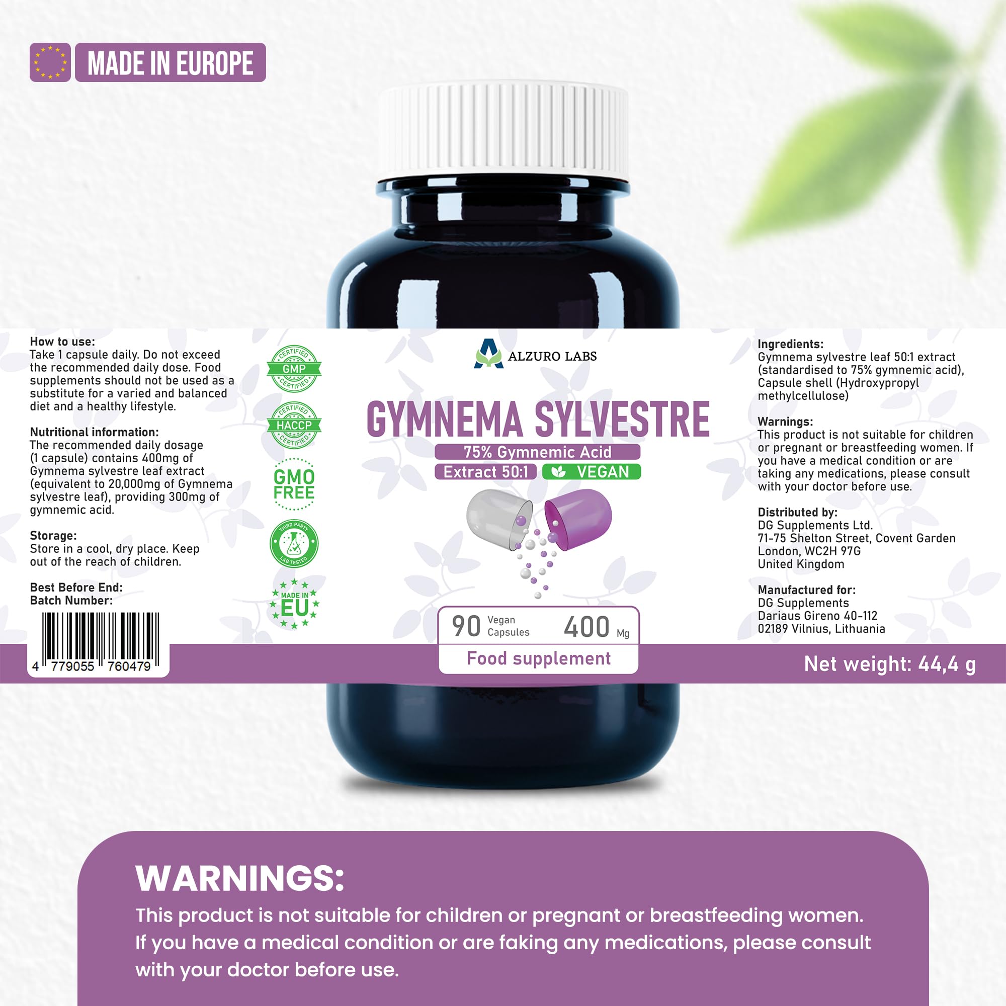 Gymnema Sylvestre | 20 000mg | Extrait 50:1 (400mg) (75% Acide Gymnémique) | 90 Gélules Véganes | GMP & Testé en Laboratoire Indépendant