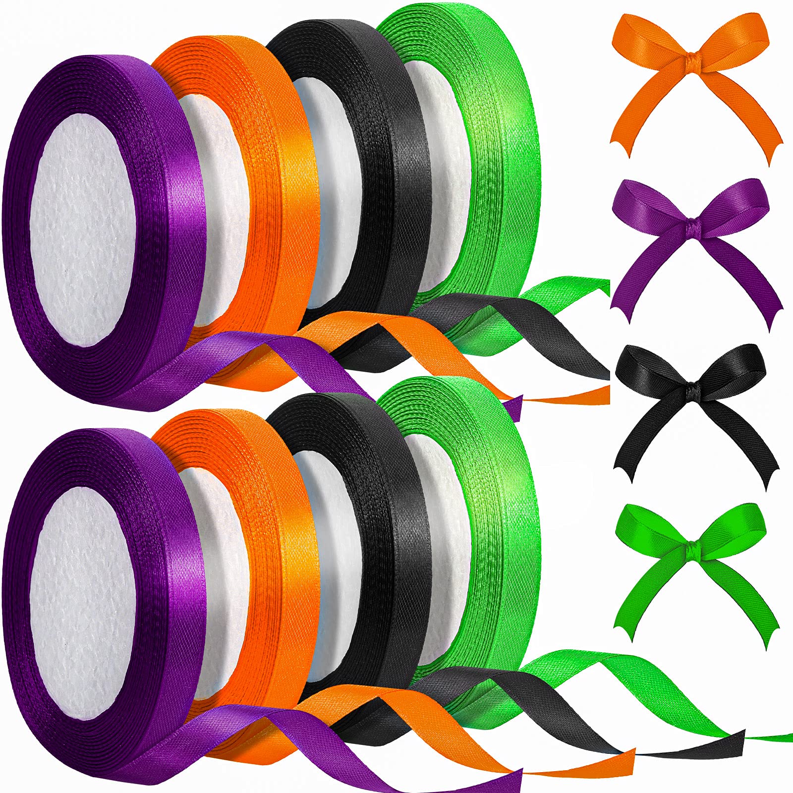 Xinnun 200Yard Christmas Satin Ribbon Wrapping 8 Roll Polyester 3/8 Inch Silk Ribbon for Christmas Halloween Party Decoration DIY Craft Supply(Orange, Black, Purple, Green)