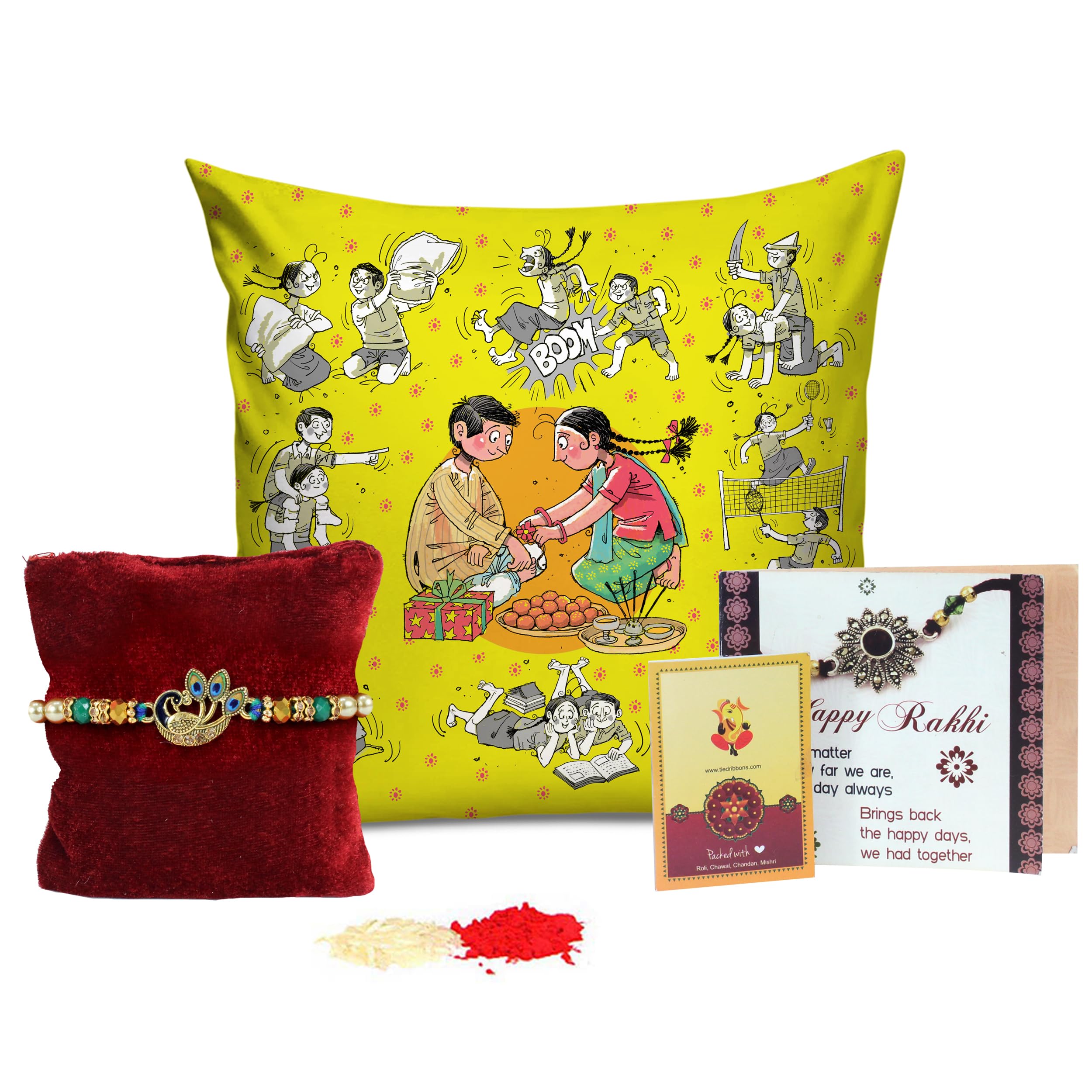 TIED RIBBONS Rakhi Gift for Brother - Peacock Rakhi for Bhaiya Men Boys Kids with Printed Cushion Cover with Filler (12x12 inch) and Card Tikka - Rakshabandhan Gift (Design 4) (B0D5VGQCZC) Amazon Price History, Amazon Price Tracker