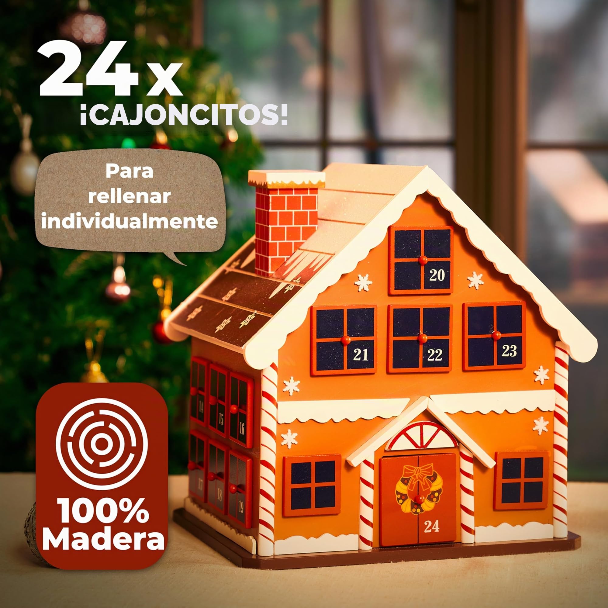 Spielwerk® Calendario de Adviento Madera Casita Jengibre 24 Cajoncitos Rellenable Chuches Vacio Reutilizable Adorno Decoración Navidad 2025 Personalizable