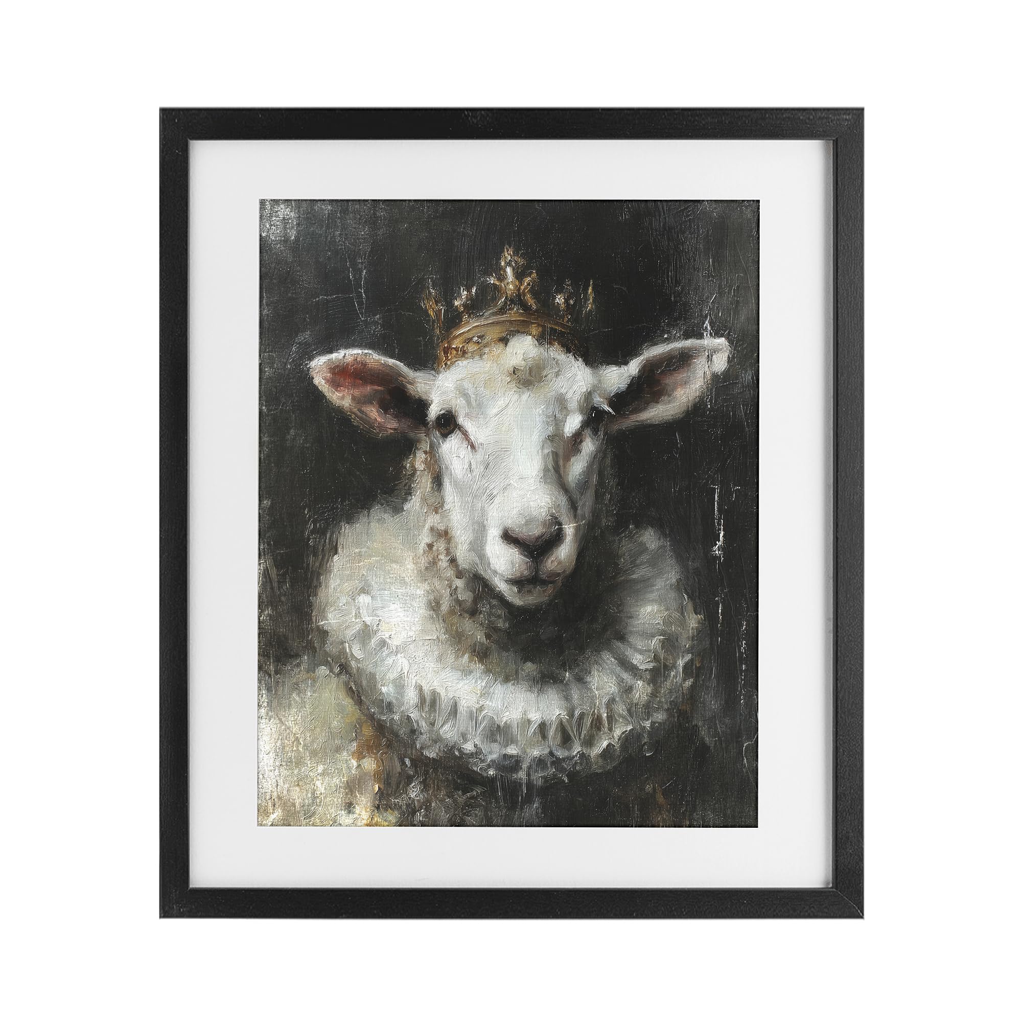 Stupell Industries Midnight Black (Textured) 'Crowned Sheep Portrait'| Framed Print Under Glass