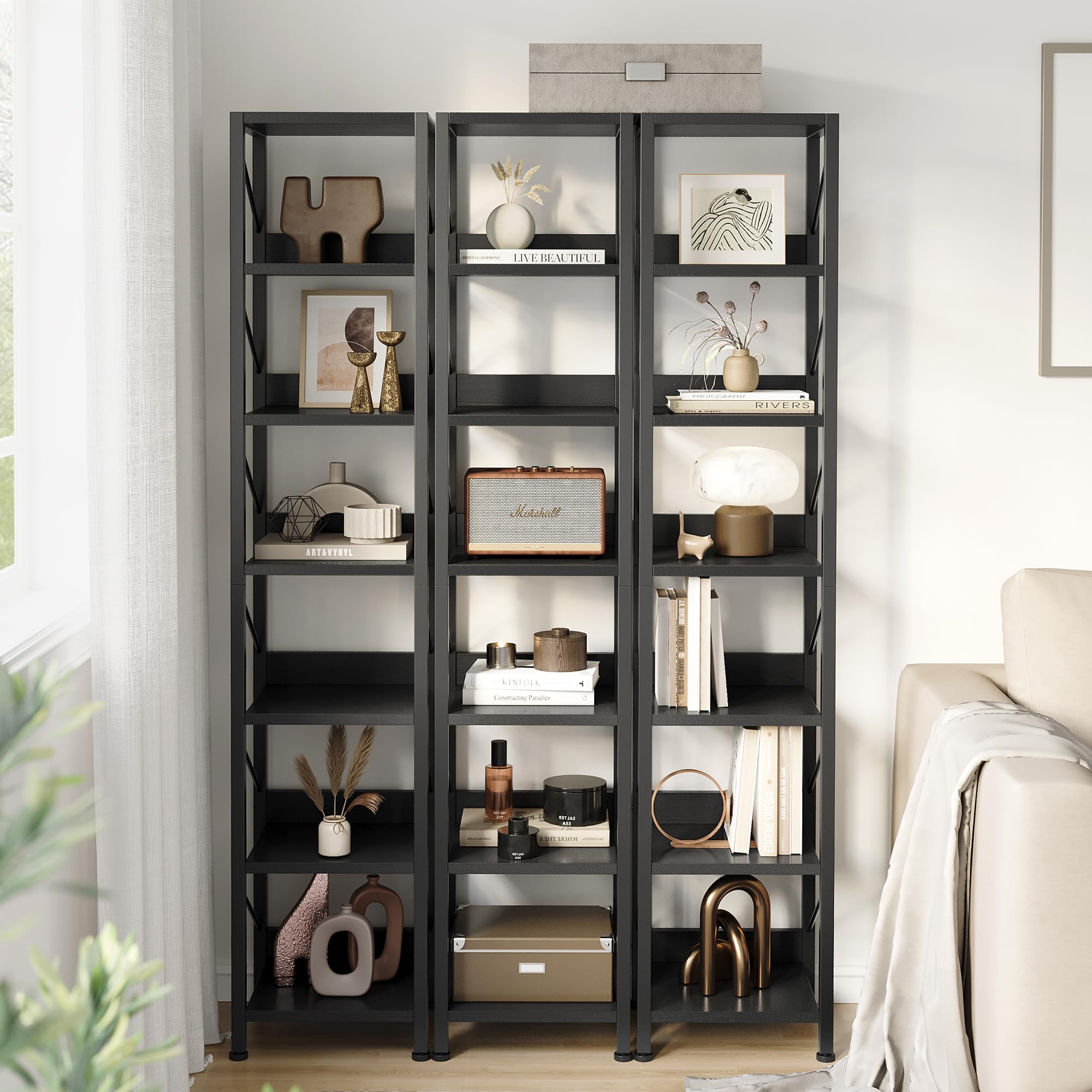 Schmales hohes Bücherregal, 6 Ebenen Standregal im Industrial-Design – Metallrahmen – verstellbare Füße – Anti-Kipp-Set – platzsparend für Wohnzimmer/Schlafzimmer/Home Office, Schwarz