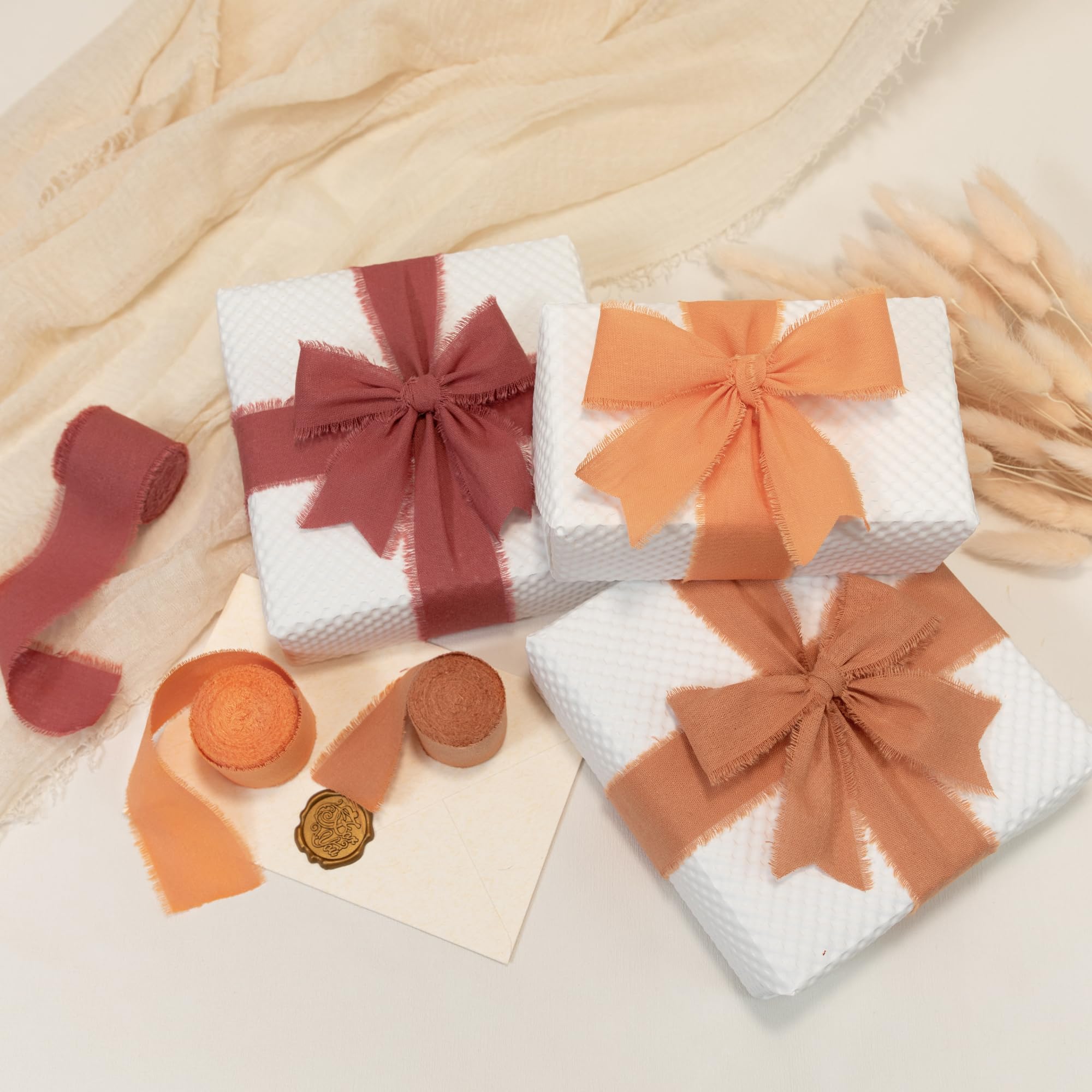 Keypan Cinta de otoño naranja de 1-1/2 x 15 yardas, hecha a mano, de algodón deshilachado, cintas de tela para manualidades, ramos de flores, envoltura de regalos, decoración del hogar