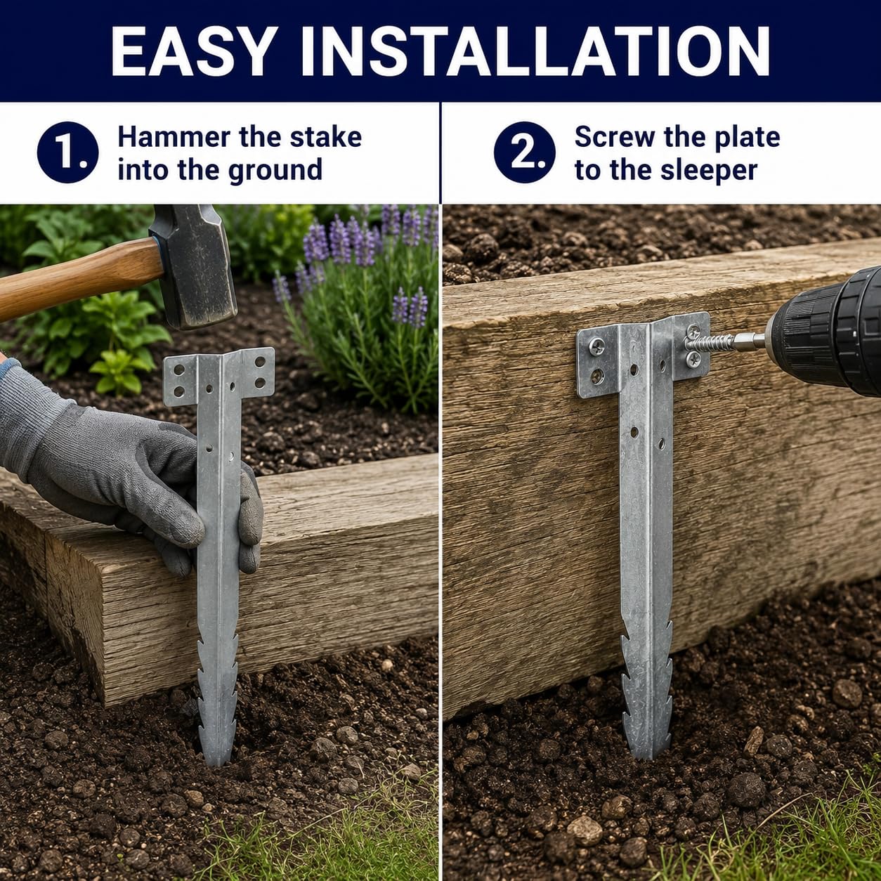 Lot de 10 supports de traverses de chemin de fer de 41,5 cm, piquets en acier galvanisé robuste avec 40 vis, pointes de bordure de jardin dentelées pour parterres surélevées, bordures de