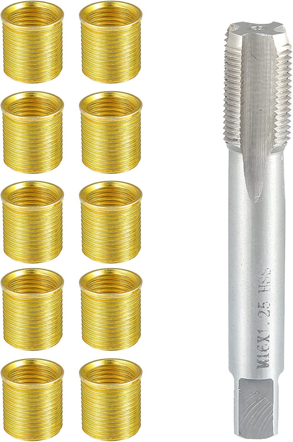 Outer/Universal Spark Plug Thread Repair Tools Set with M14x1.25 Inner Inserts and M16x1.25 Tap/High Speed Steel Tap Spark Plug/Durable/Metal/Gold Tone