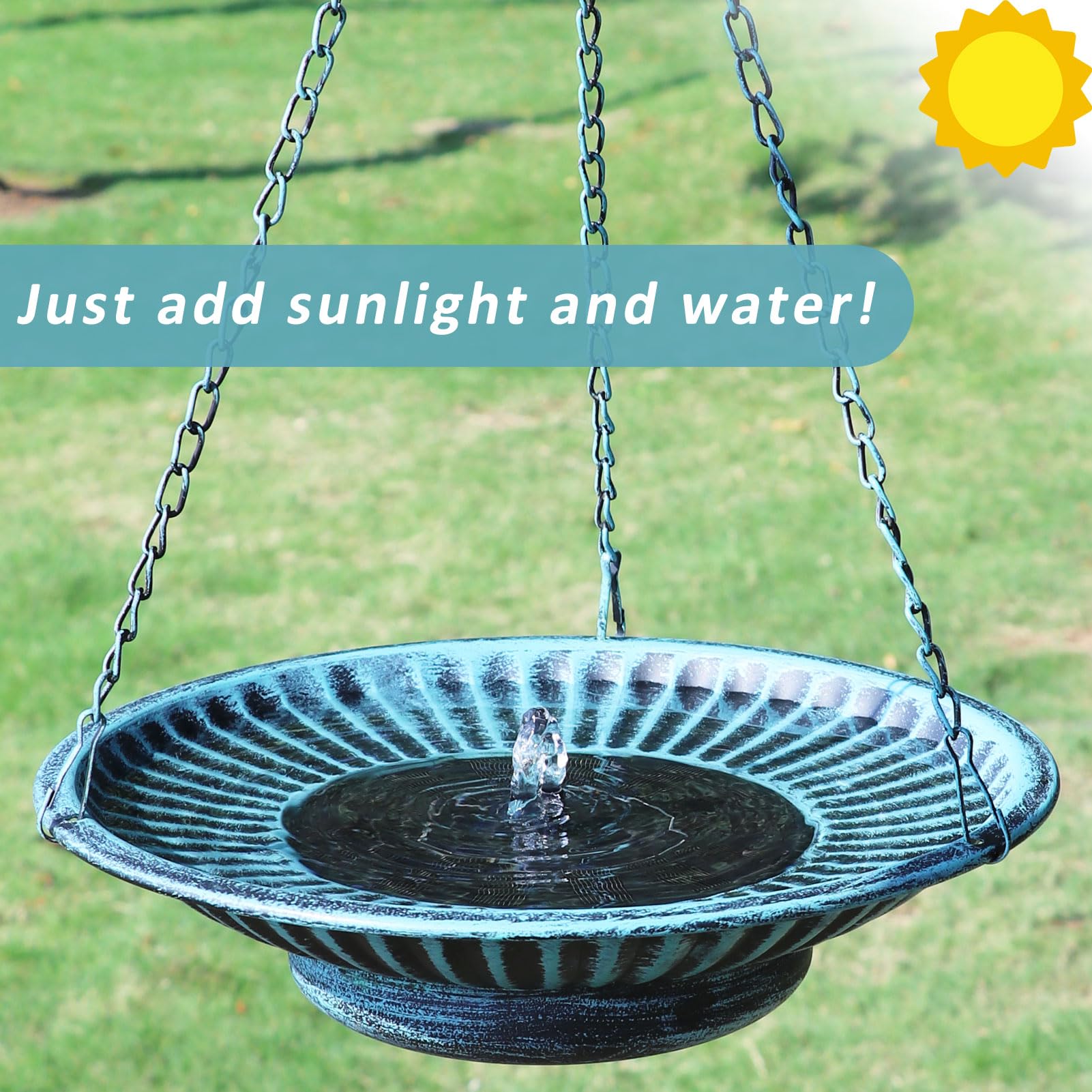 Solar-Vogeltränke zum Aufhängen, 30,5 cm, Solar-Vogeltränke, Brunnen für Garten, Terrasse, Dekoration | Hängende Vogeltränke mit Solarbrunnen, Metall-Vogeltränke, hängende Vogeltränke für draußen (blau)