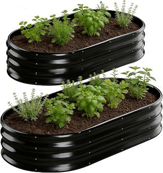 Rakukiri Raised Garden Bed Outdoor 2 Sets Oval Large Coating Metal Planter Box 1 Pack