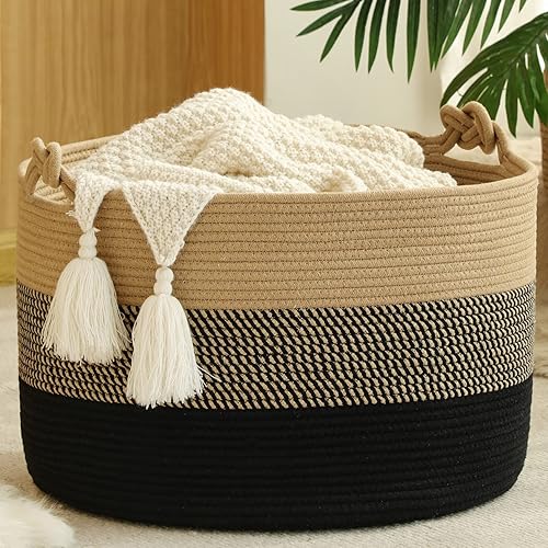 KAKAMAY Large Blanket Basket (20"x13"),Woven Rope Baskets for storage Baby Laundry Hamper, Cotton Rope Blanket Basket for Living Room, Laundry, Nursery, Pillows,Baby Toy chest (Jute/Black) - Black