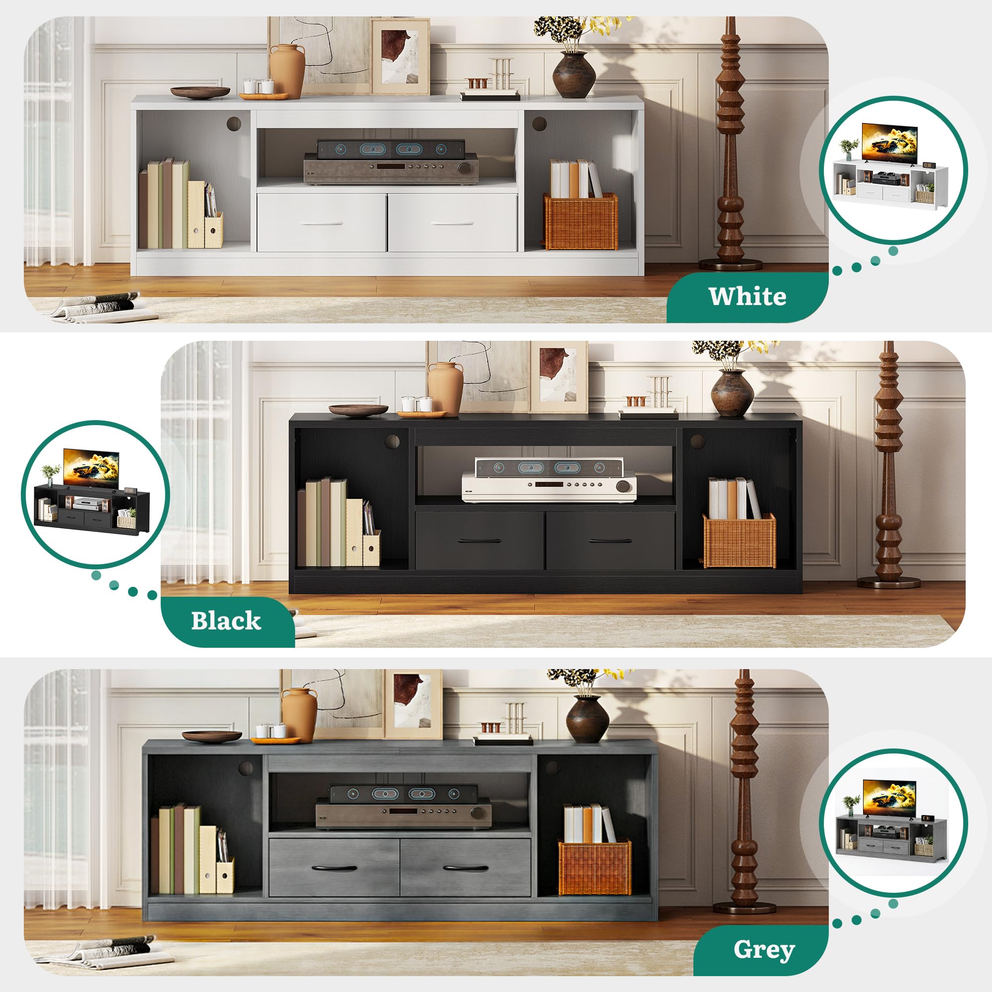 YITAHOME Grauer TV-Schrank bis 65 Zoll, 148cm Lowboard mit 2 Schubladen | 3 verstellbare Regalböden und 2 Stoffschubladen für ordentlichen Stauraum im Wohn- und Schlafzimmer.