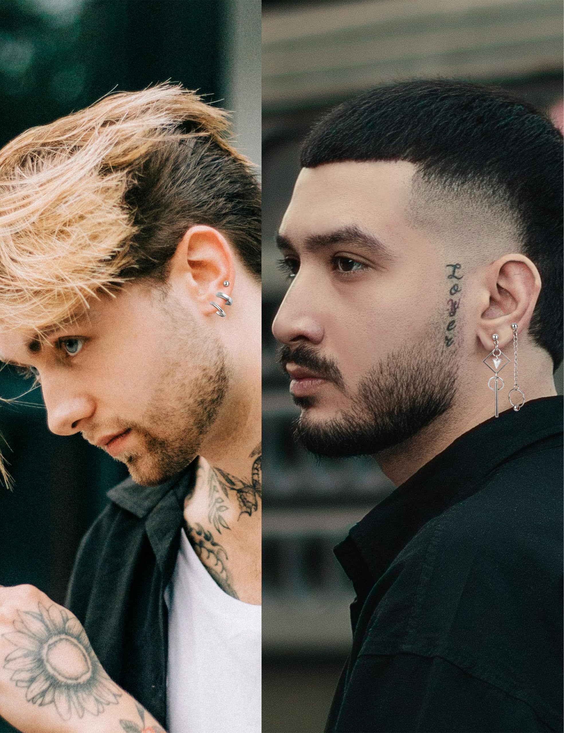 JeryWe 22 Pares aretes colgantes para hombre acero inoxidable, con bisagras, cadena larga, aretes colgantes de cruz, juego de aretes Kpop para hombre, Acero inoxidable（Plata）