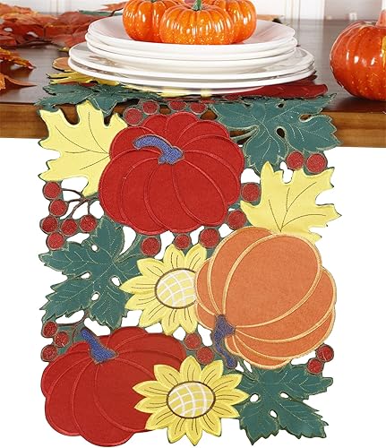 Miniatura 2 de Camino de mesa de cosecha de otoño de 13 x 36 pulgadas, apliques bordados de calabazas bordadas para decoración de Halloween, Acción de Gracias,