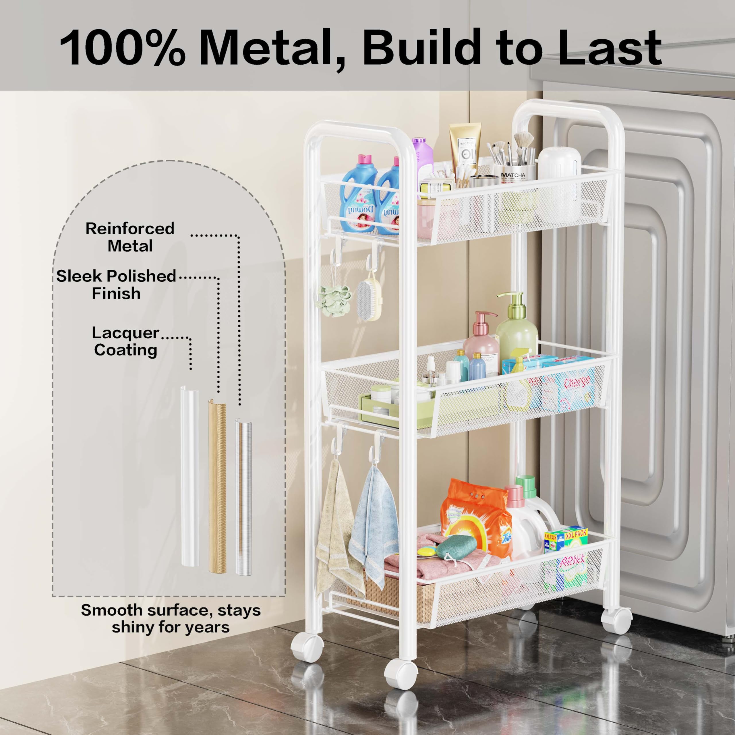 Chariot de rangement à roulettes en métal à 3/4/5 niveaux, chariot de cuisine peu encombrant avec roulettes, étagère pour cuisine, salle de bain, buanderie, chambre, endroits étroits (blanc