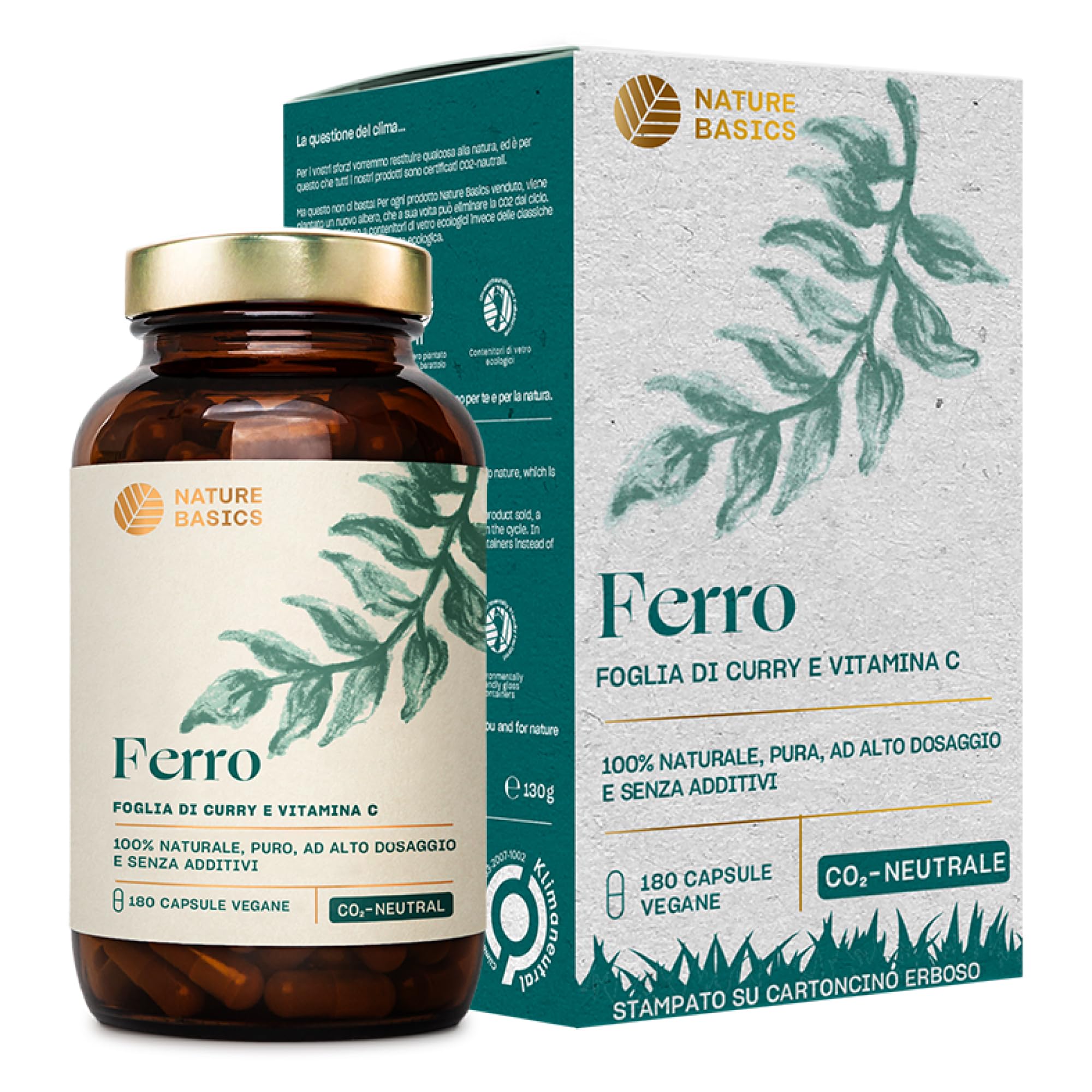 Nature Basics® ferro naturale certificato e sostenibile in un barattolo | 180 (!) capsule altamente dosate | 14mg di ferro e 80mg di vitamina C per capsula | puro da foglie di curry e rosa canina