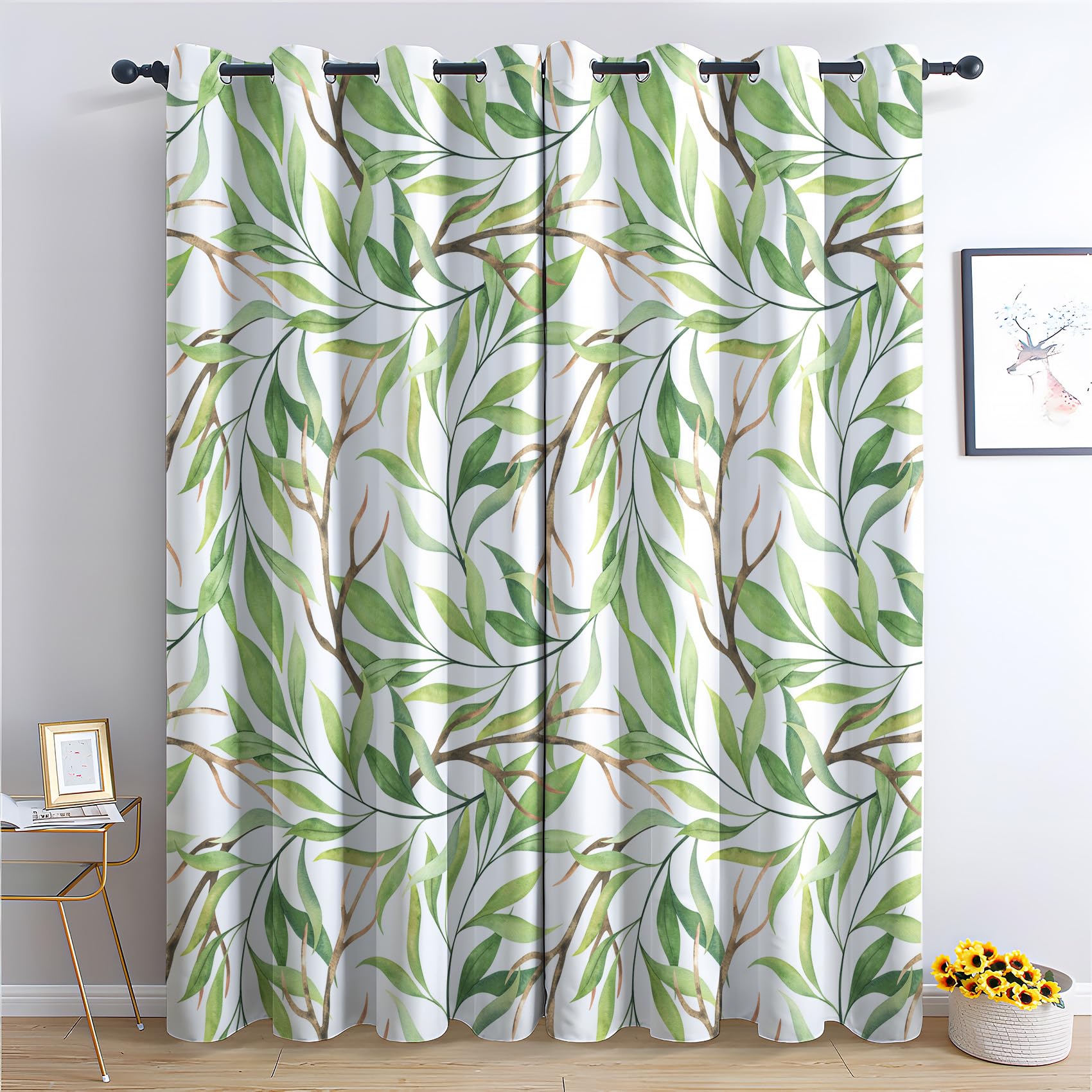 THYUNQ Green Leaf Curtains, Blackout Curtains for Bedroom Living Room 90 Drop, Thermal Insulated Eyelet Drapes, Patterned Window Treatments, 66x90 Inch (W X L), 2 Panels