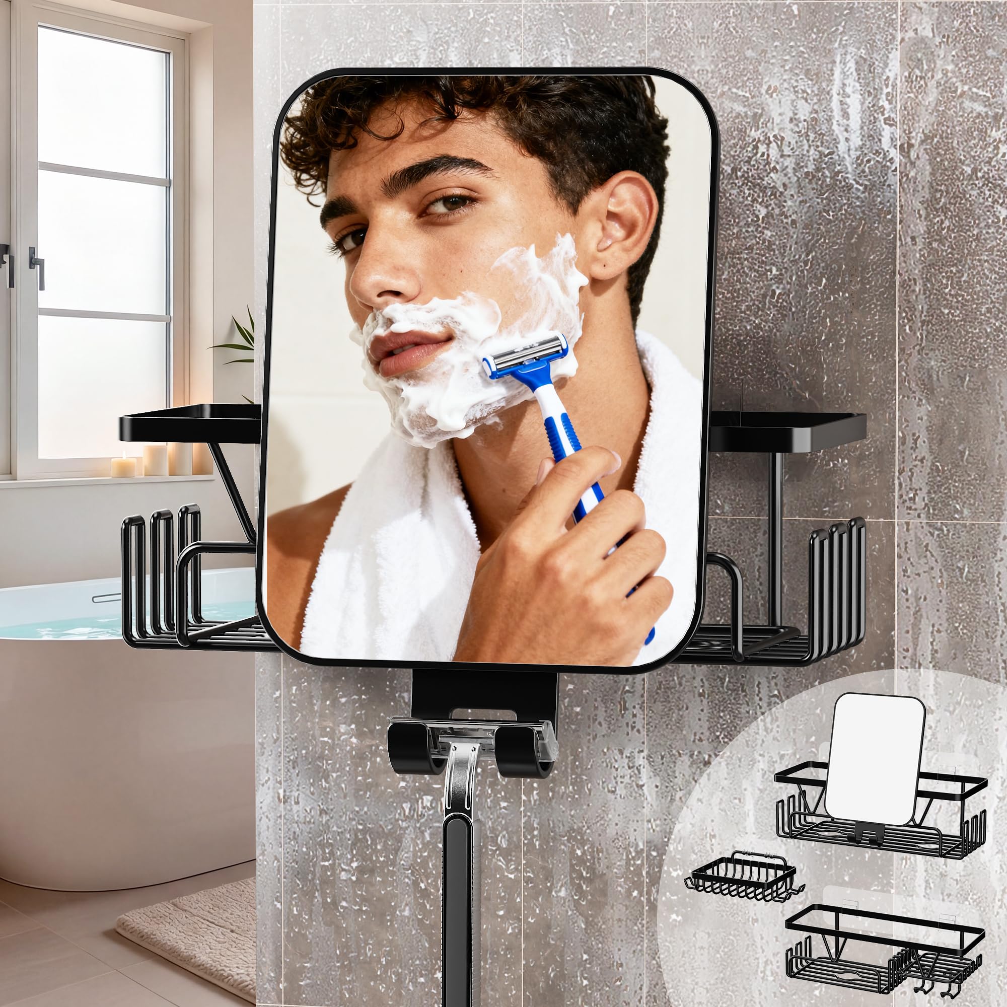 KEGII Fogless Shower Mirror for Shaving with Razor Holder 4 Pack Adhesive Shower Caddy Set with Soap Holder